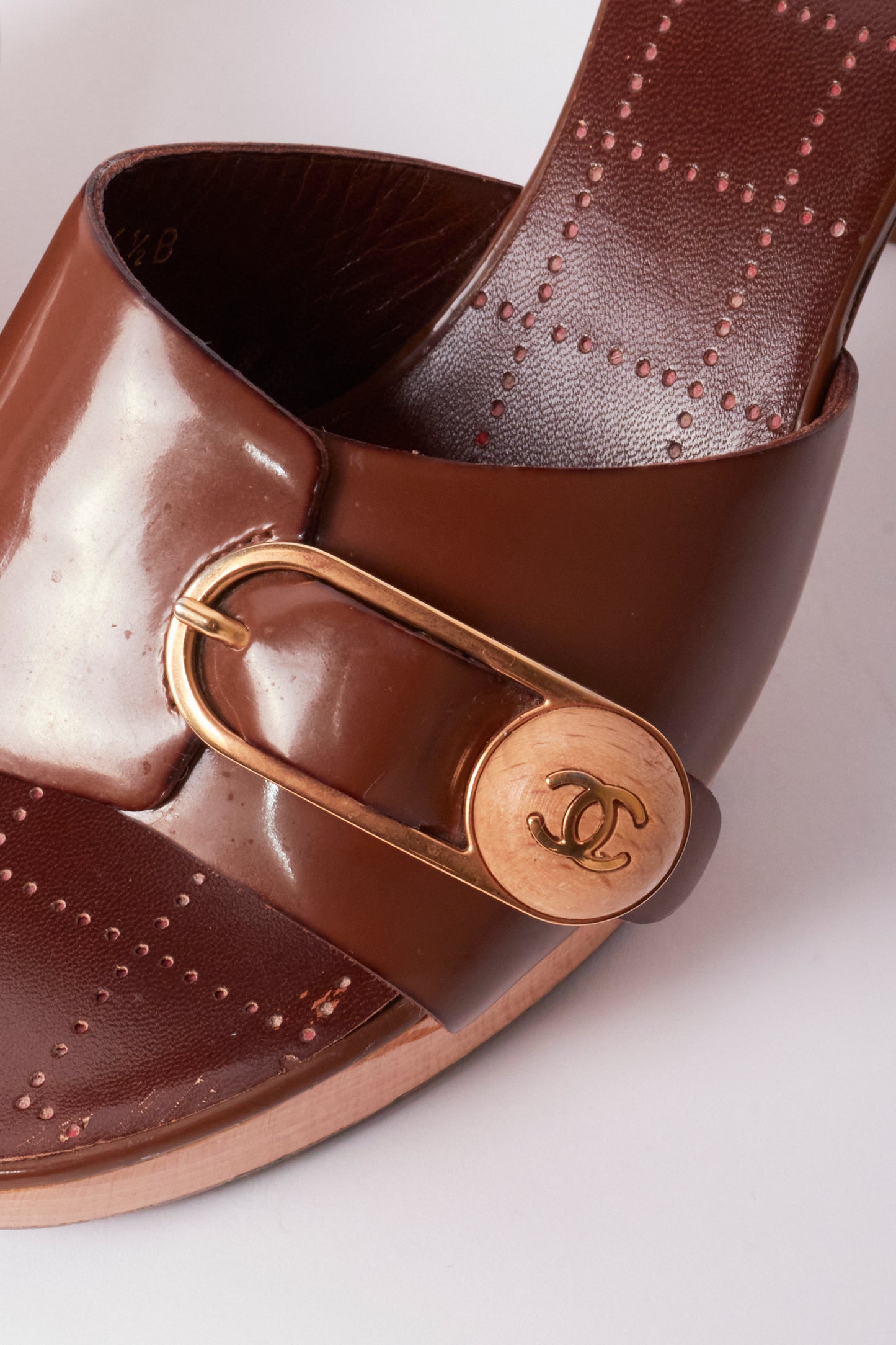 Chanel Brown Patent Leather CC Buckle Wooden Clog