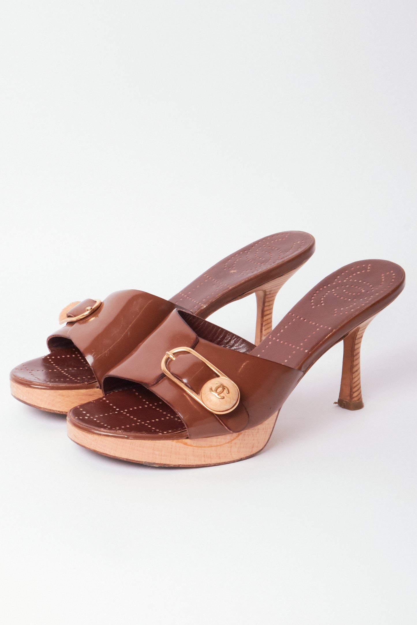 Chanel Brown Patent Leather CC Buckle Wooden Clog