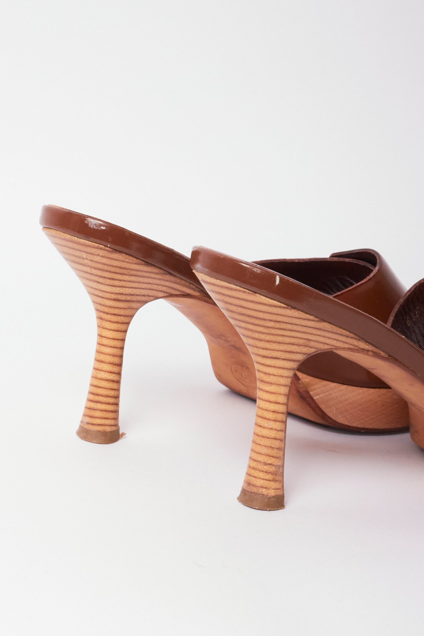 Chanel Brown Patent Leather CC Buckle Wooden Clog