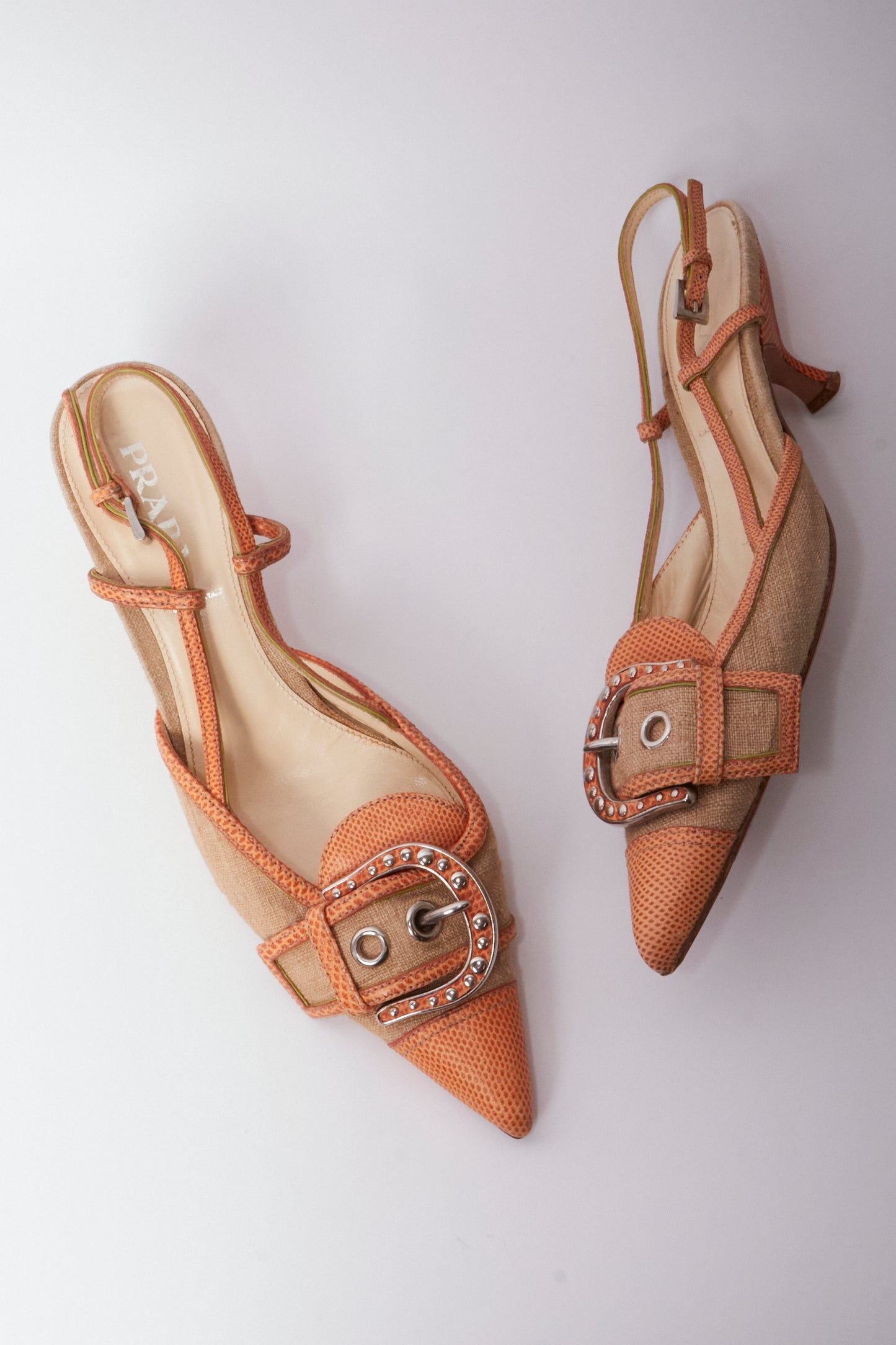 Prada Orange & Beige Linen Leather Buckle Vintage Kitten Heels