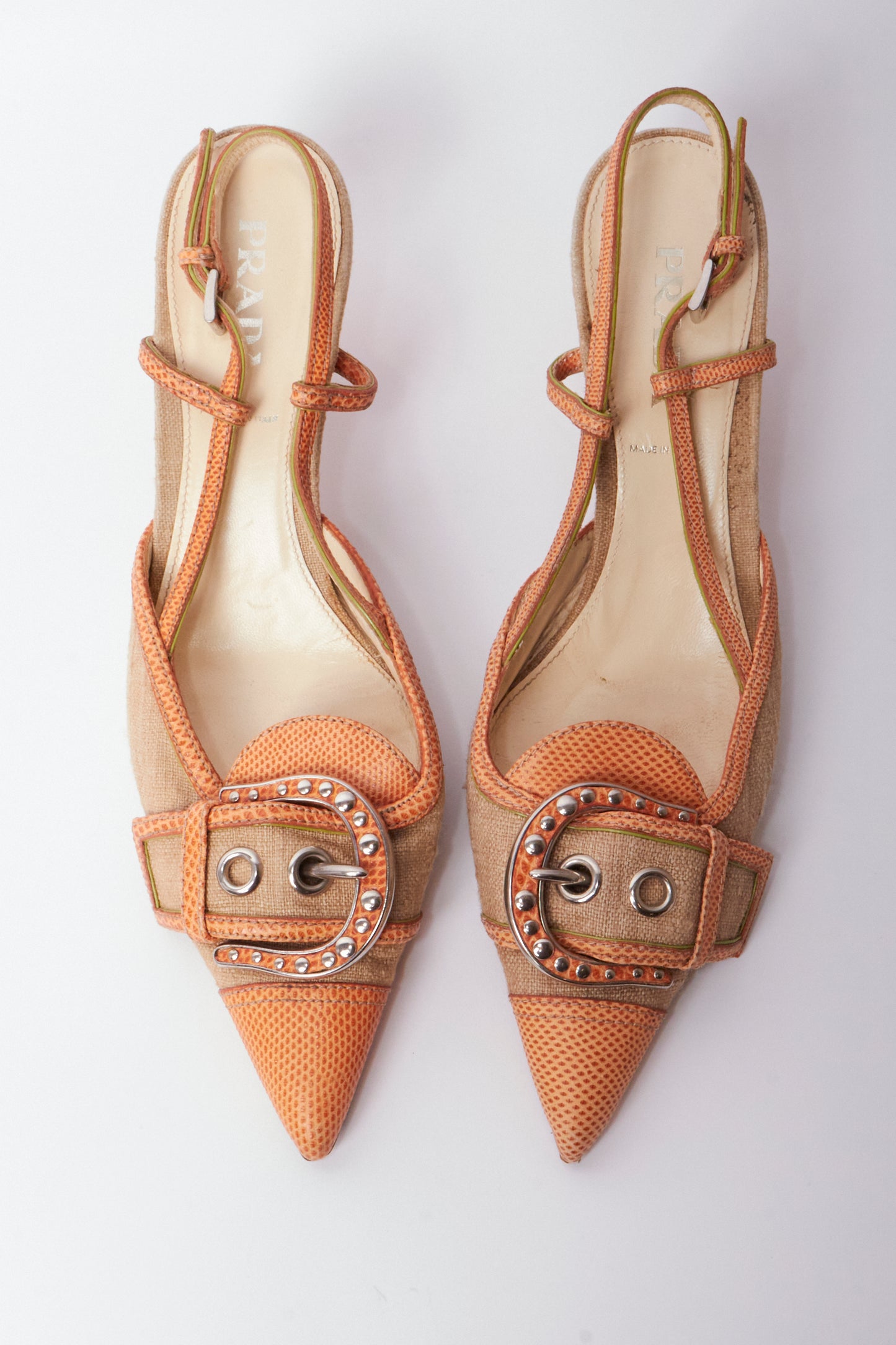 Prada Orange & Beige Linen Leather Buckle Vintage Kitten Heels