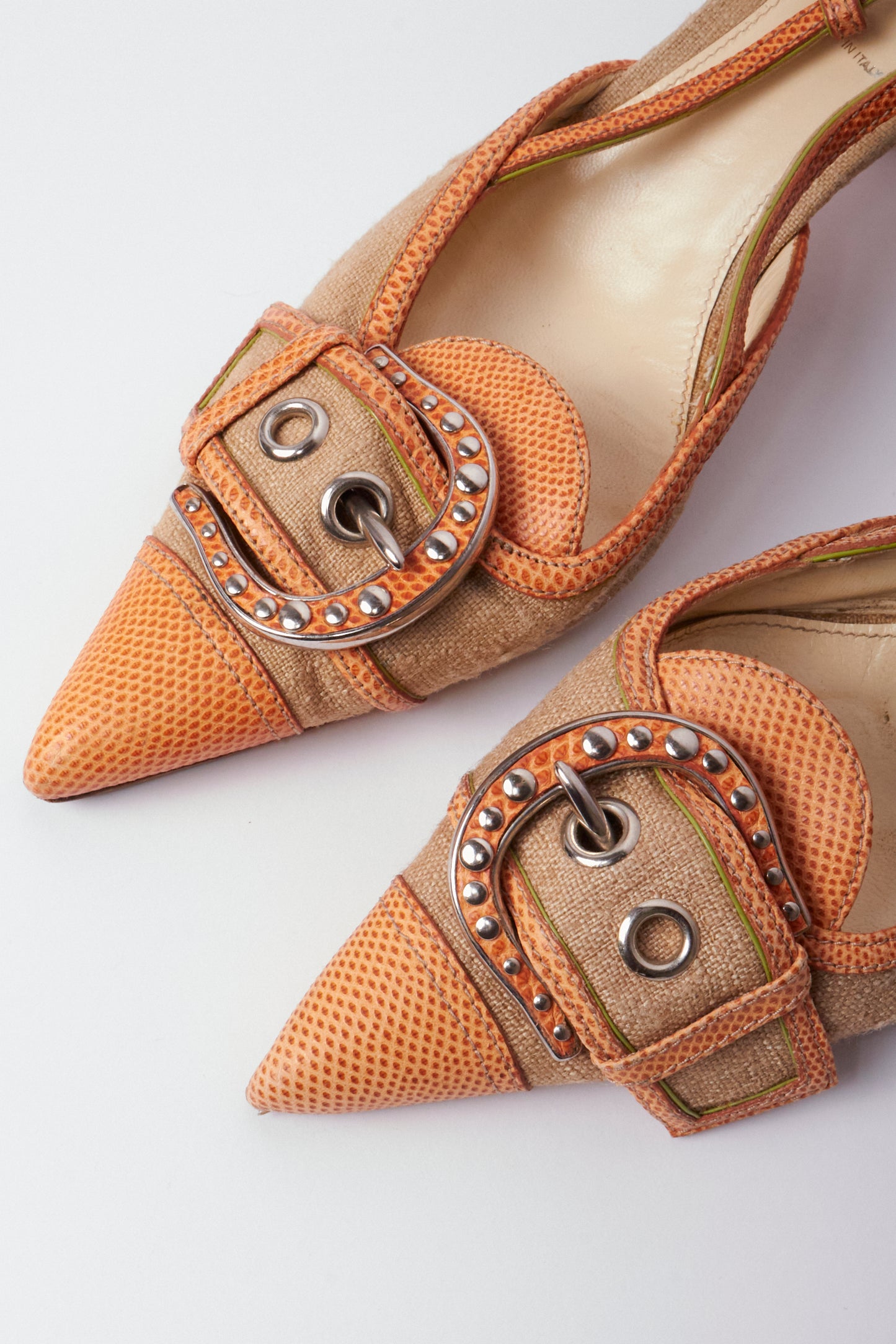 Prada Orange & Beige Linen Leather Buckle Vintage Kitten Heels