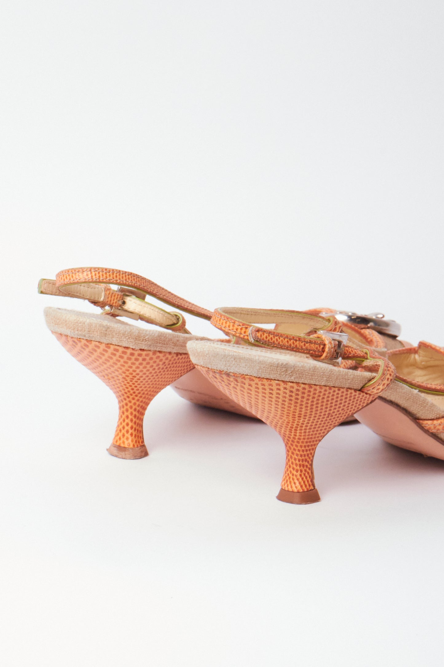 Prada Orange & Beige Linen Leather Buckle Vintage Kitten Heels