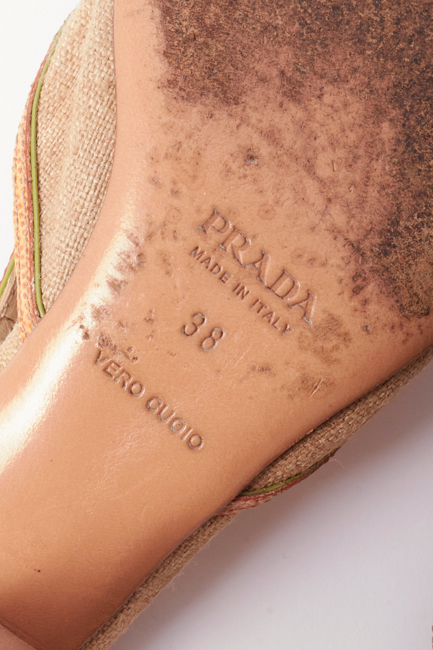 Prada Orange & Beige Linen Leather Buckle Vintage Kitten Heels