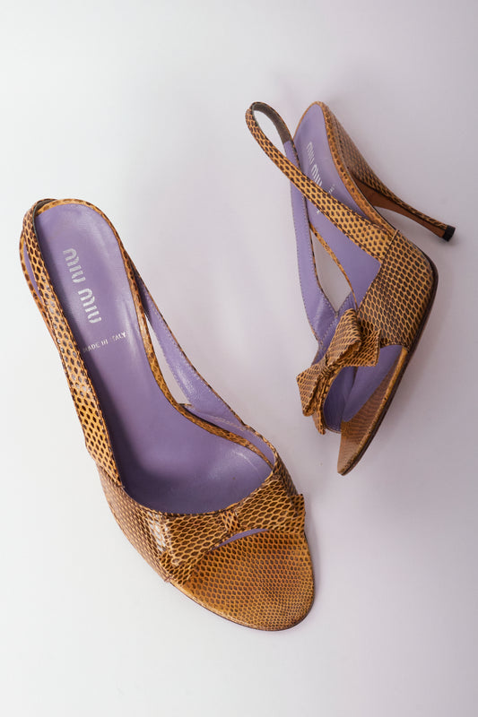 Miu Miu Yellow Snakeskin Leather Bow Slingback Heels