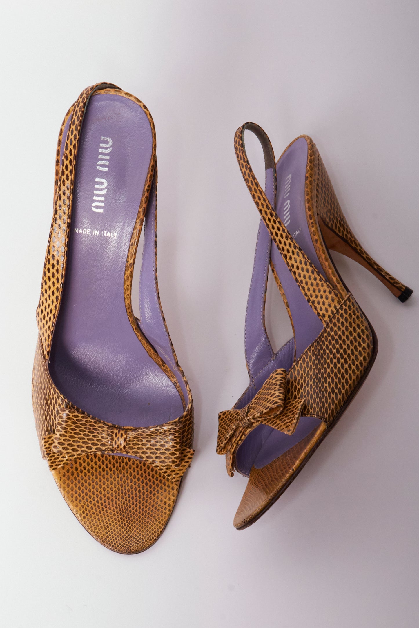 Miu Miu Yellow Snakeskin Leather Bow Slingback Heels