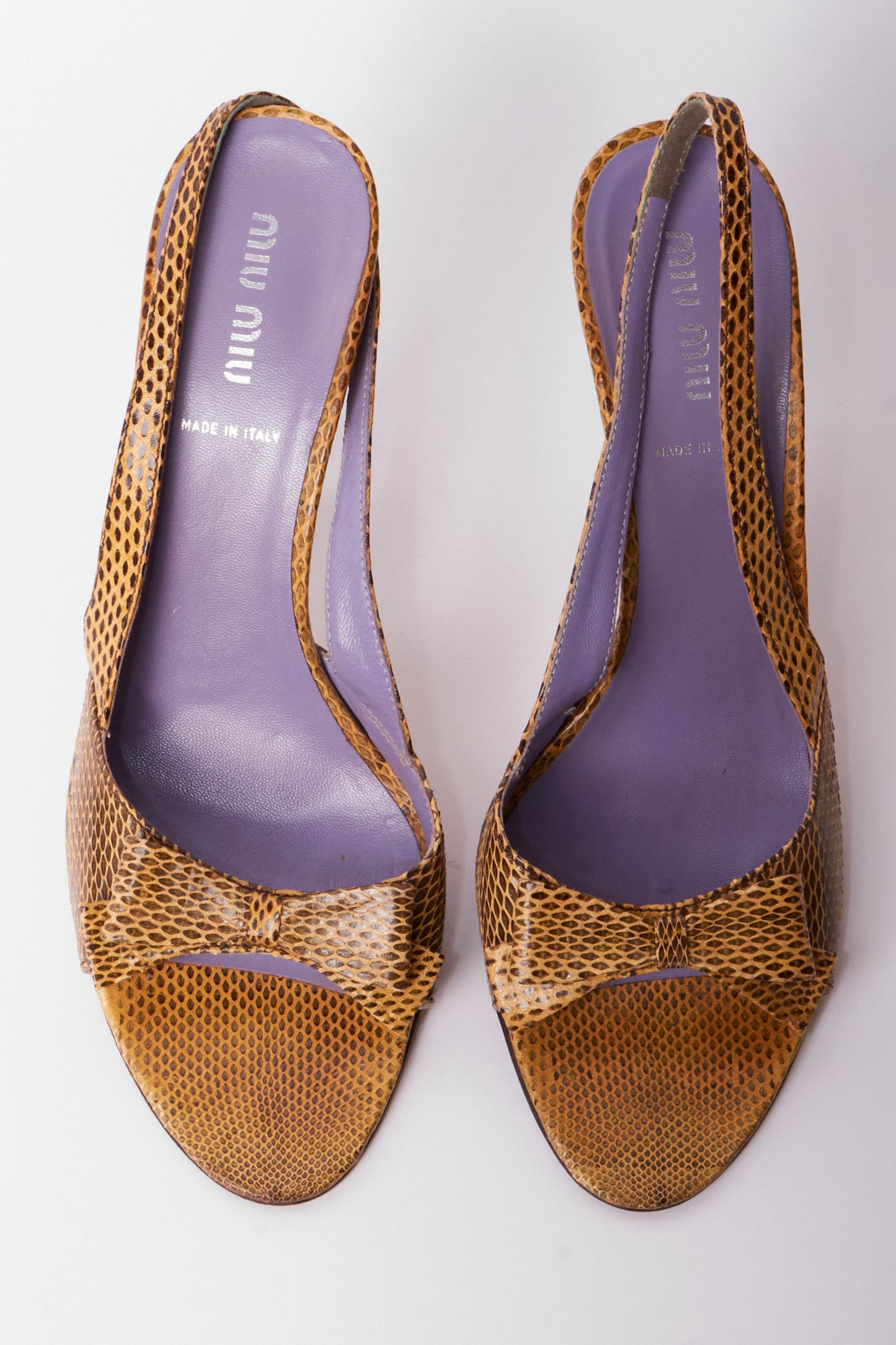 Miu Miu Yellow Snakeskin Leather Bow Slingback Heels