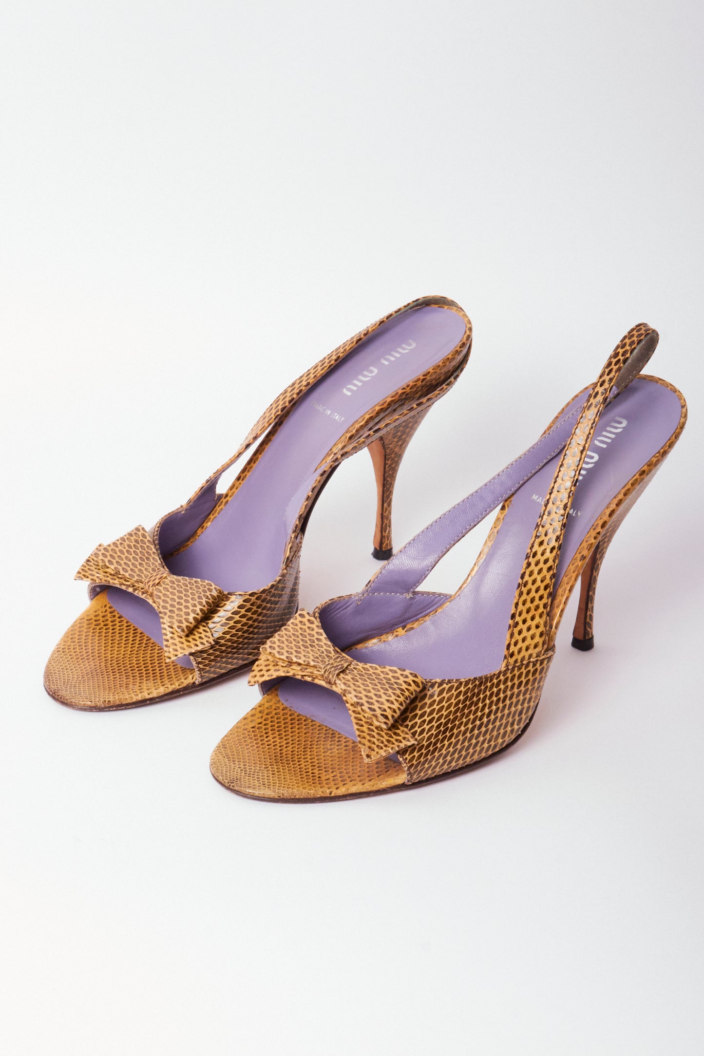 Miu Miu Yellow Snakeskin Leather Bow Slingback Heels