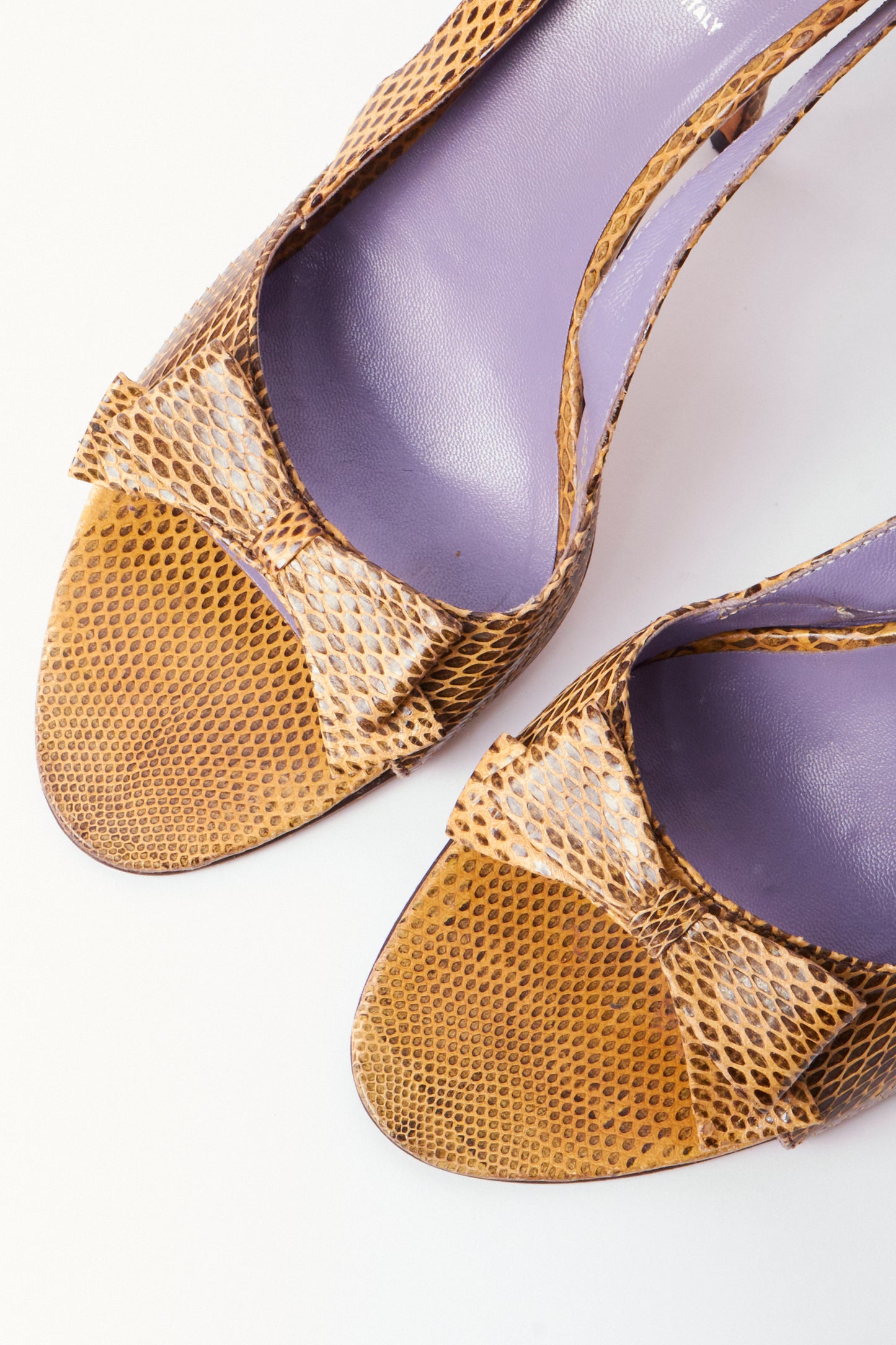 Miu Miu Yellow Snakeskin Leather Bow Slingback Heels