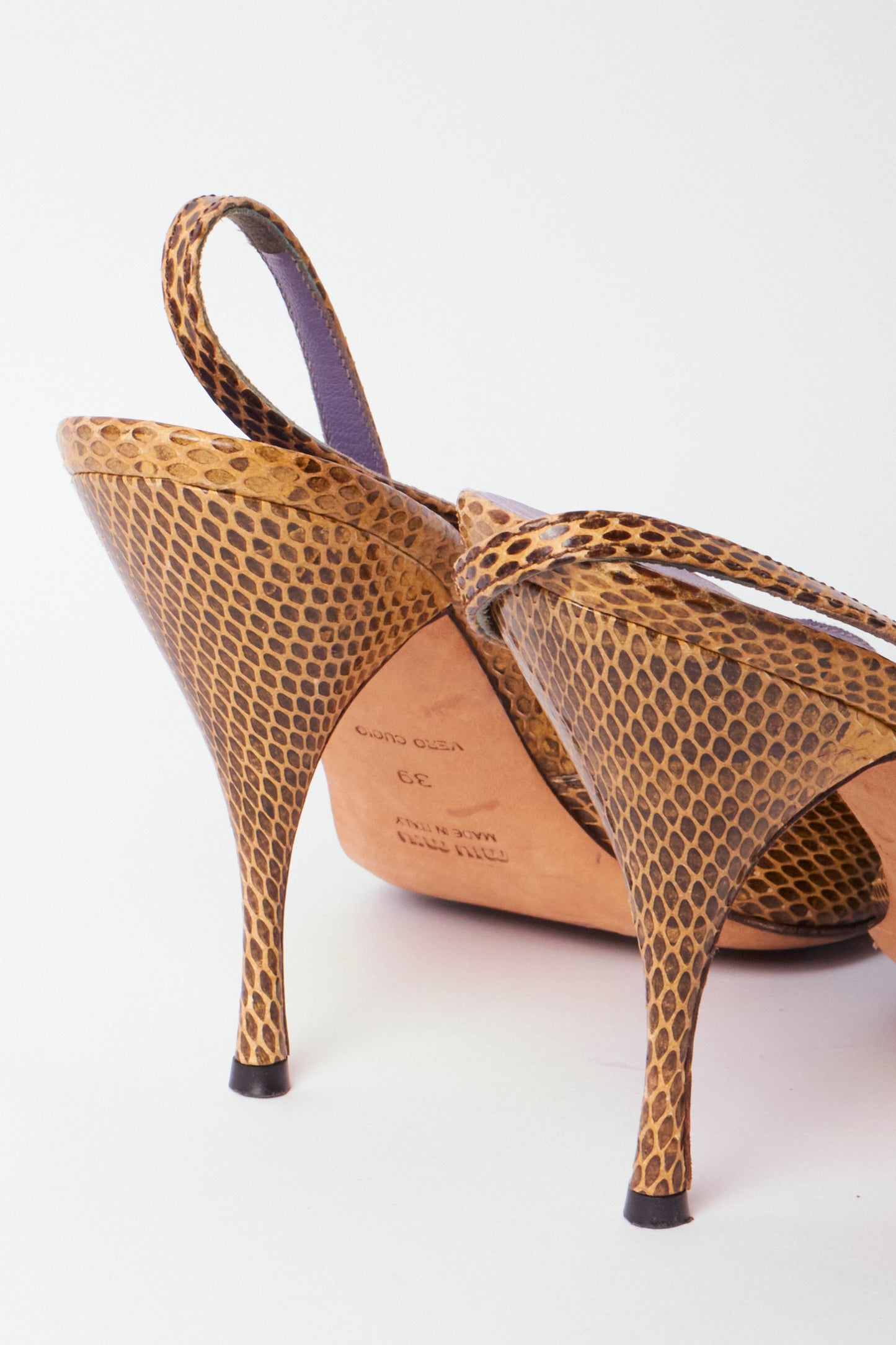Miu Miu Yellow Snakeskin Leather Bow Slingback Heels