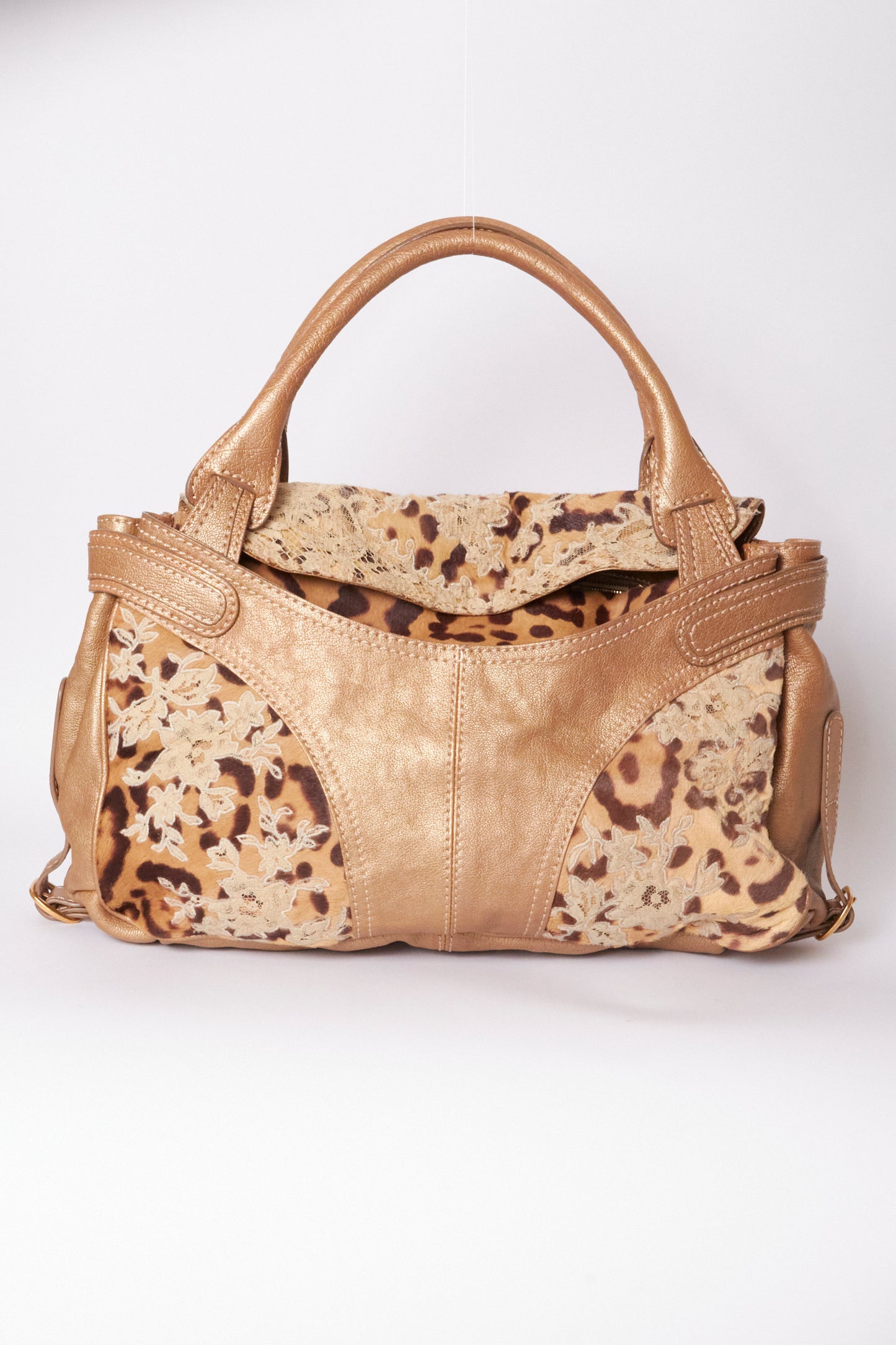 Valentino 2000s Leather Gold Pony Hair Leopard Lace Shoulder Bag
