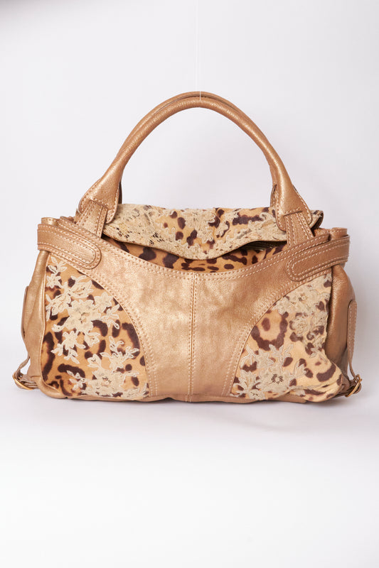 Valentino 2000s Leather Gold Pony Hair Leopard Lace Shoulder Bag
