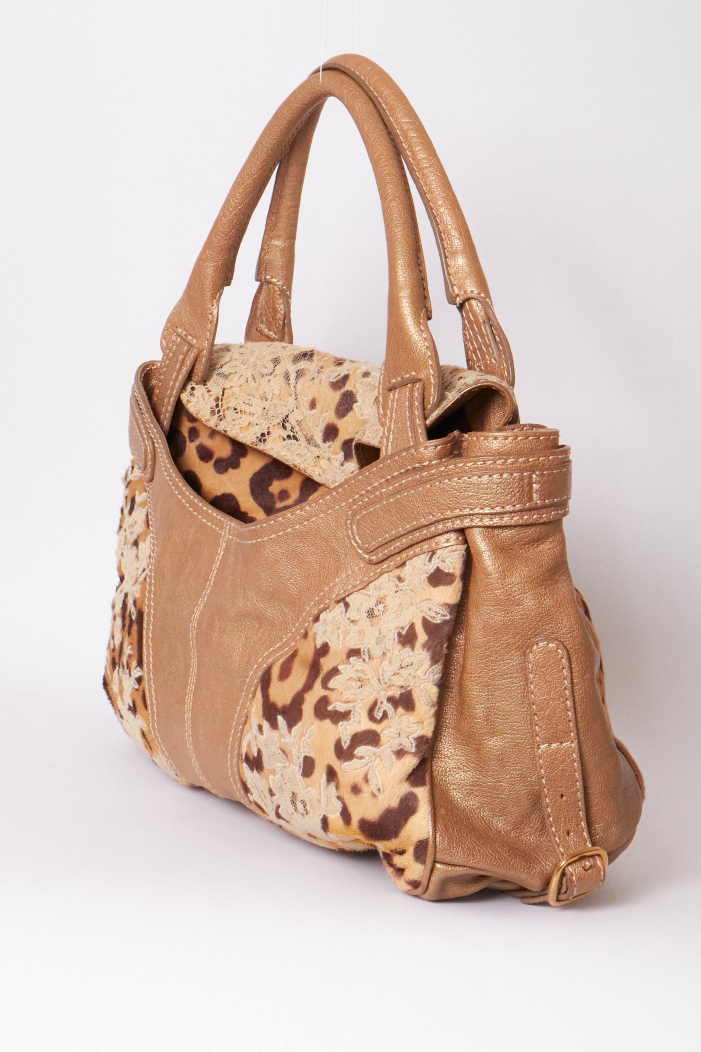 Valentino 2000s Leather Gold Pony Hair Leopard Lace Shoulder Bag