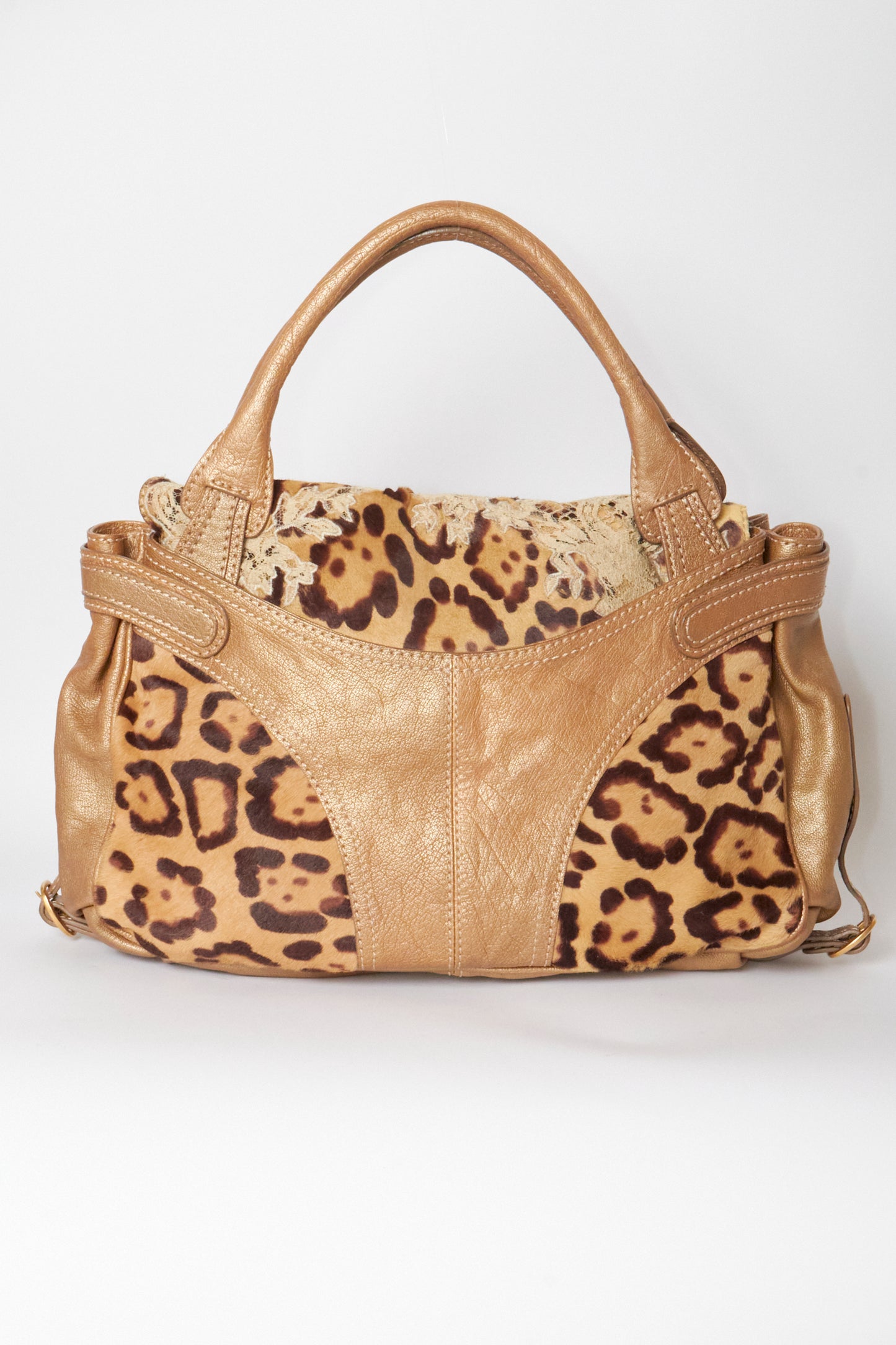 Valentino 2000s Leather Gold Pony Hair Leopard Lace Shoulder Bag