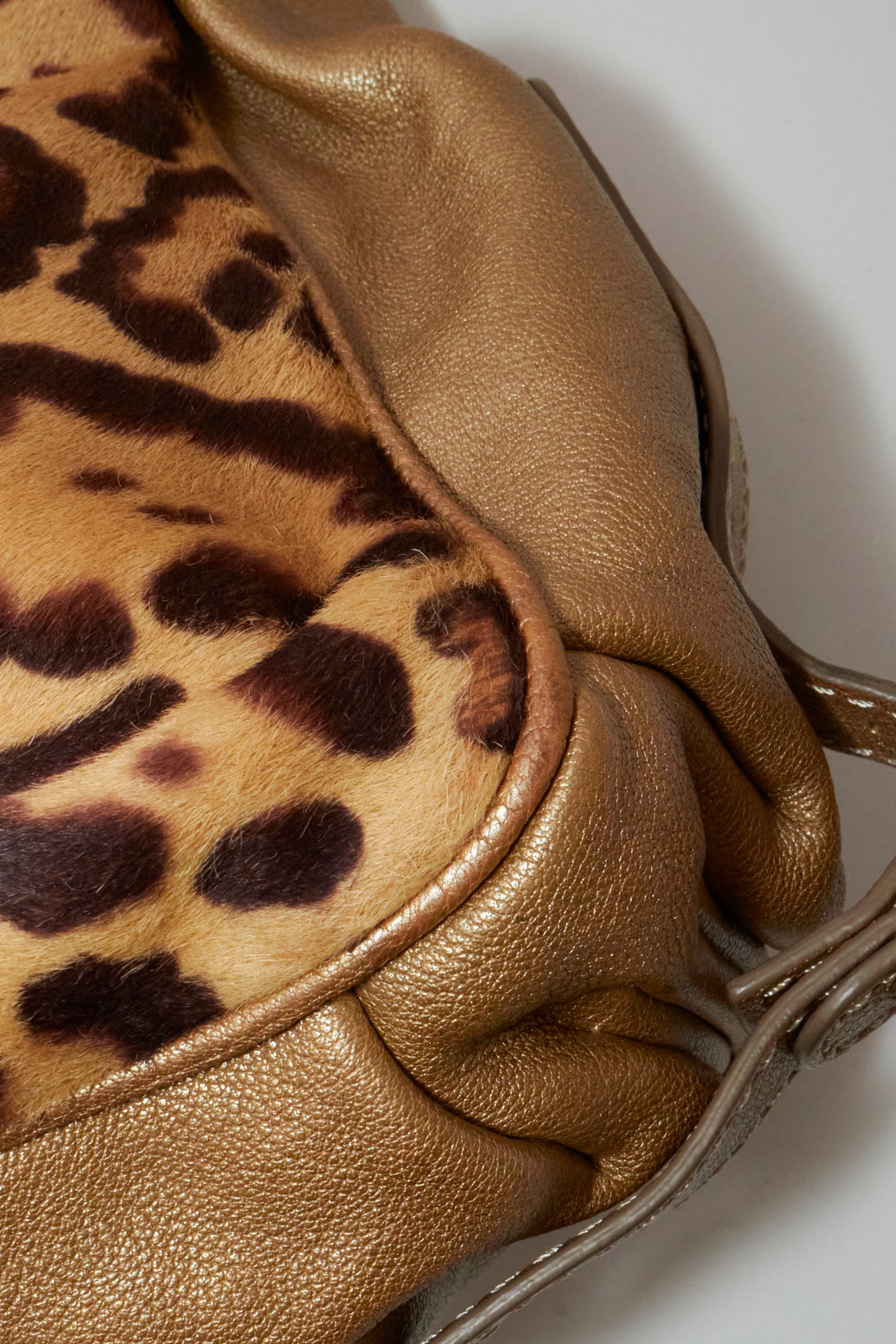 Valentino 2000s Leather Gold Pony Hair Leopard Lace Shoulder Bag