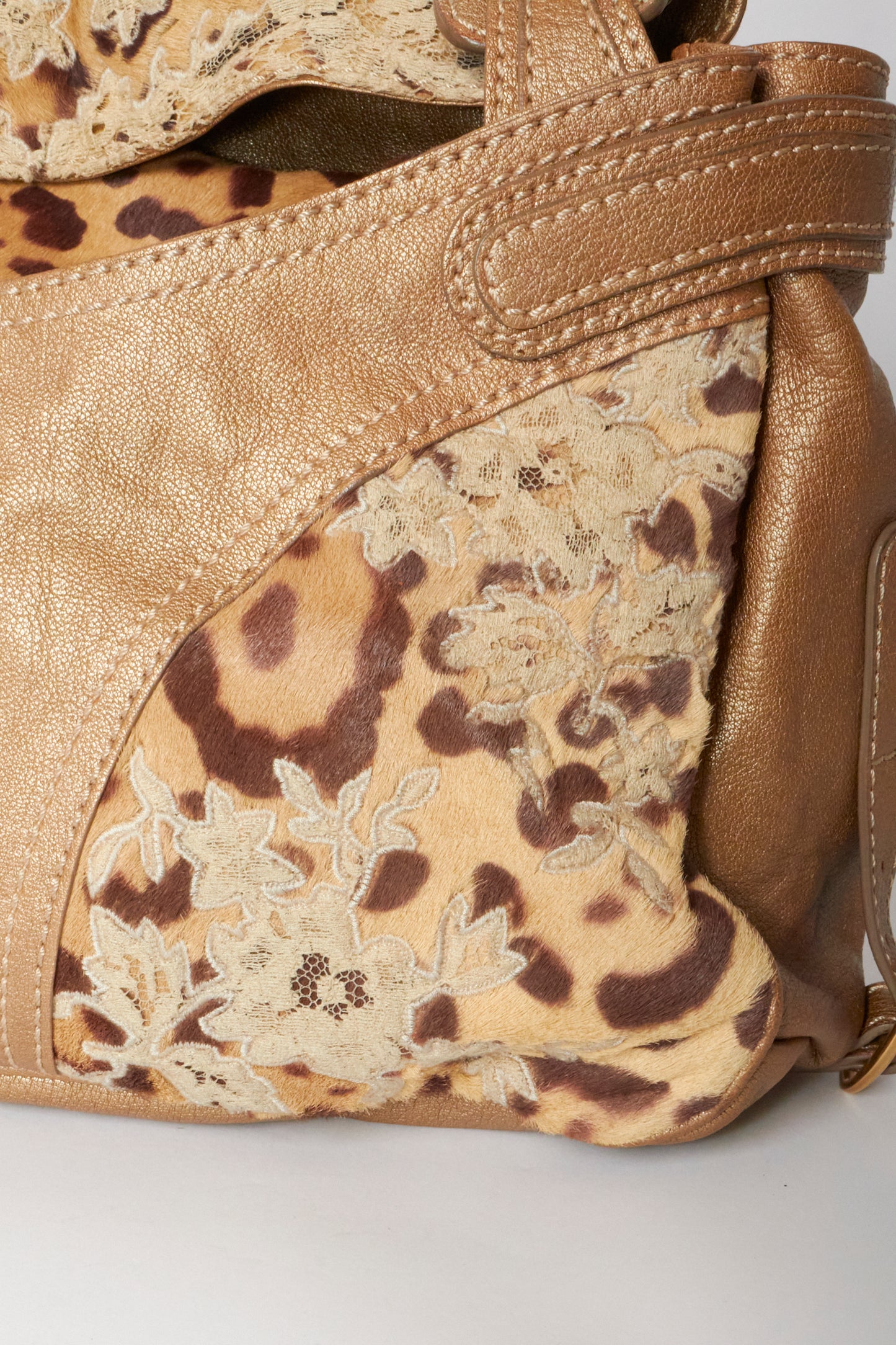 Valentino 2000s Leather Gold Pony Hair Leopard Lace Shoulder Bag