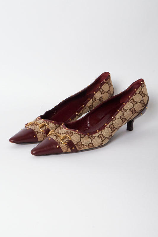 Gucci Monogram Burgundy Horsebit Kitten Heels