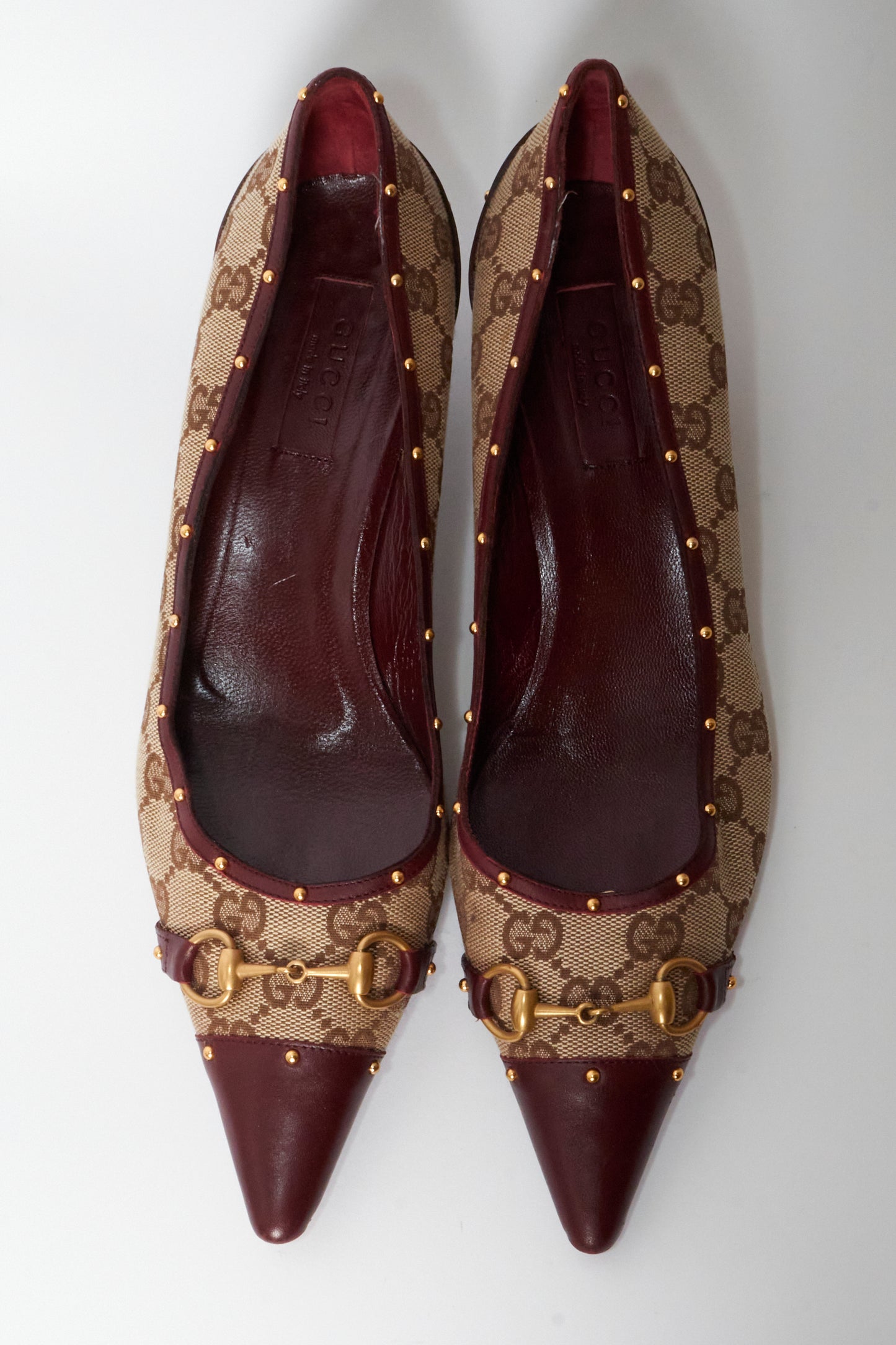 Gucci Monogram Burgundy Horsebit Kitten Heels