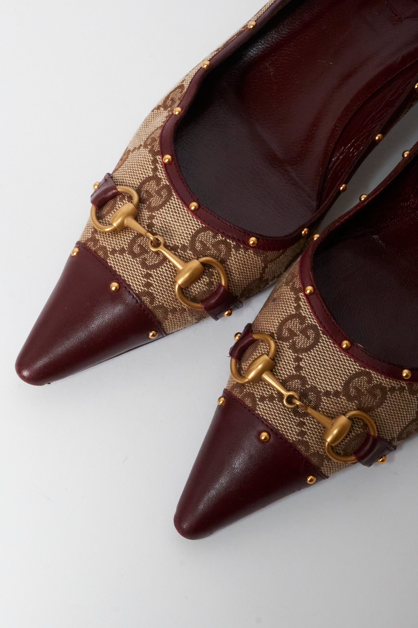 Gucci Monogram Burgundy Horsebit Kitten Heels
