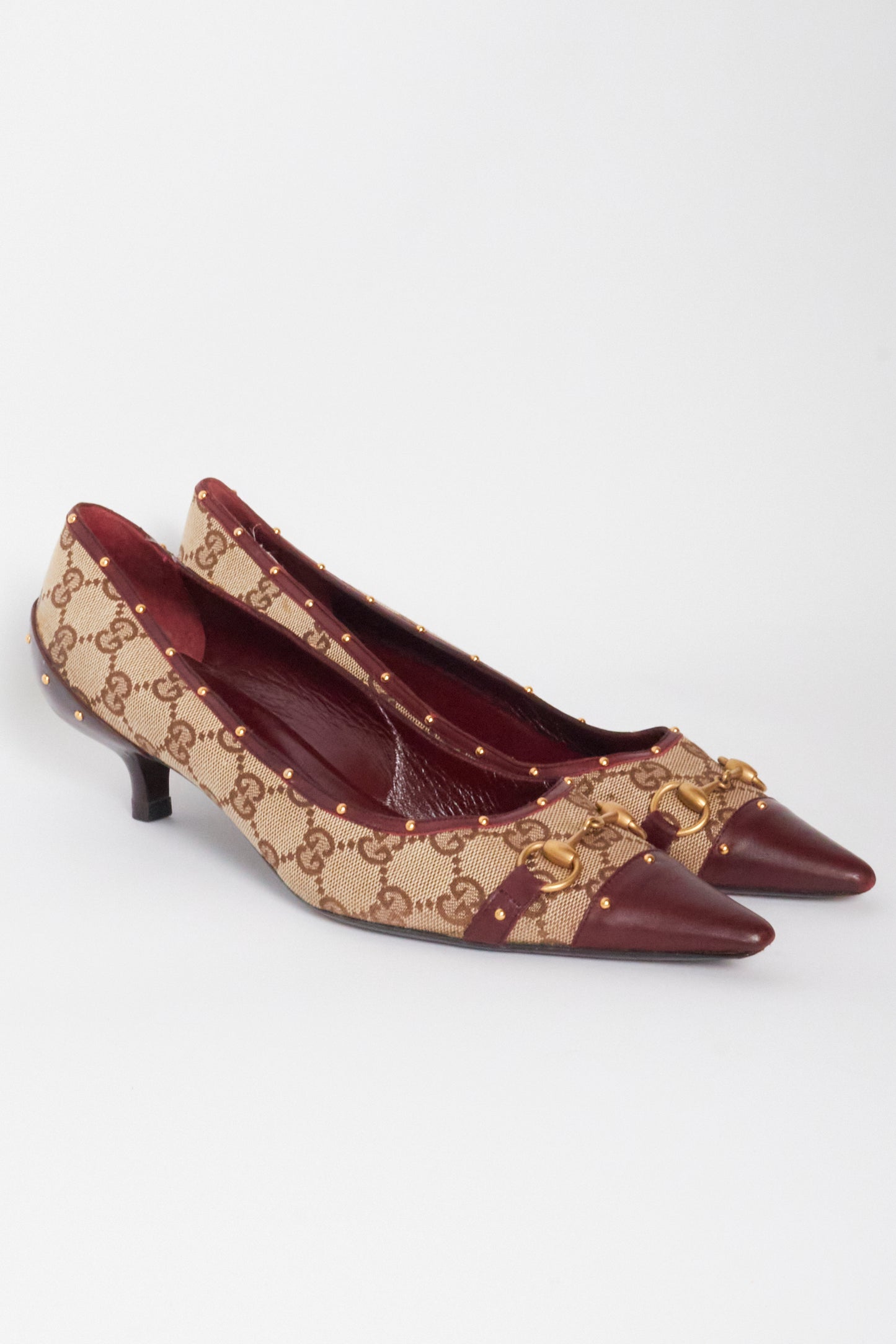 Gucci Monogram Burgundy Horsebit Kitten Heels