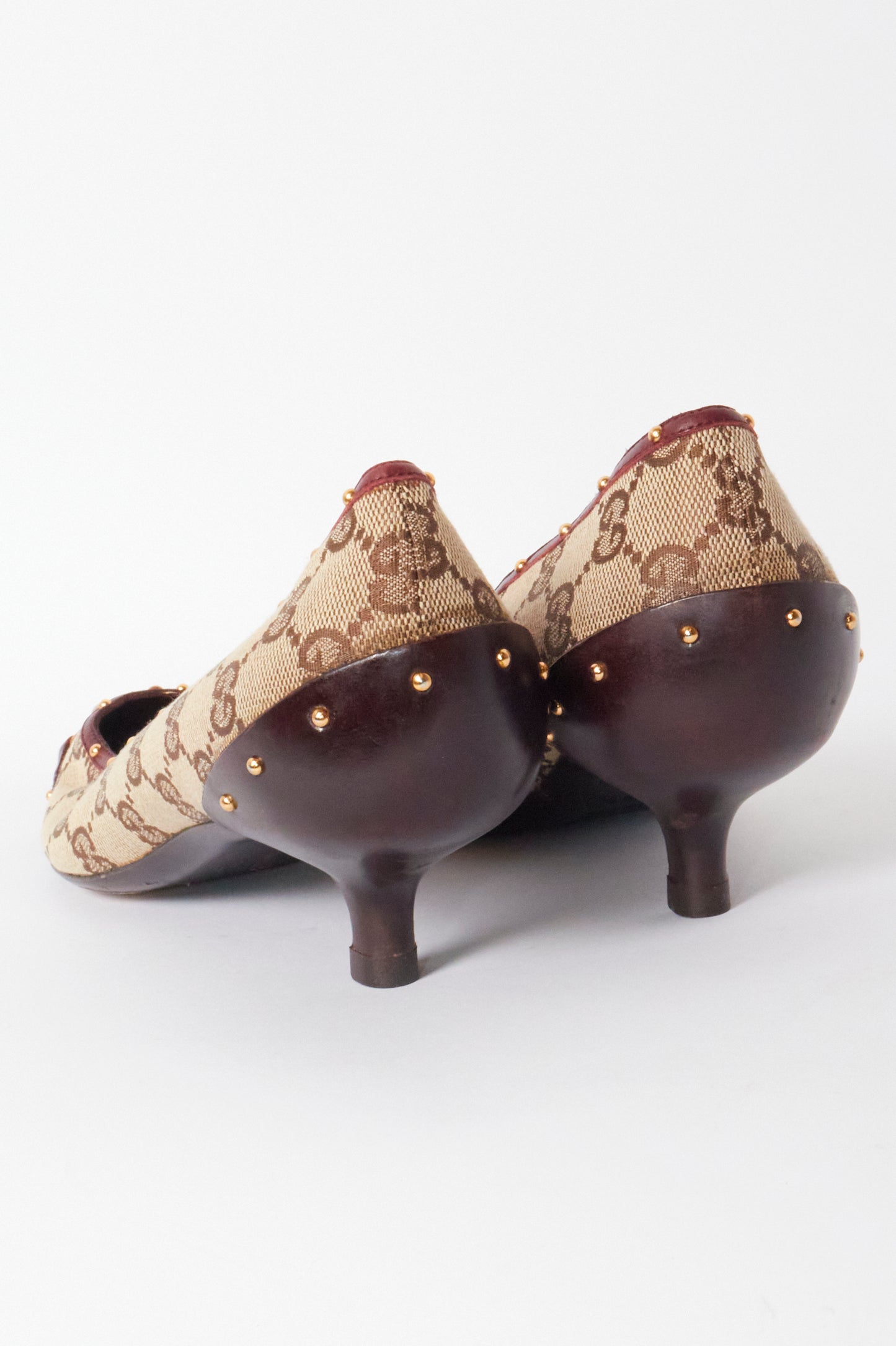 Gucci Monogram Burgundy Horsebit Kitten Heels