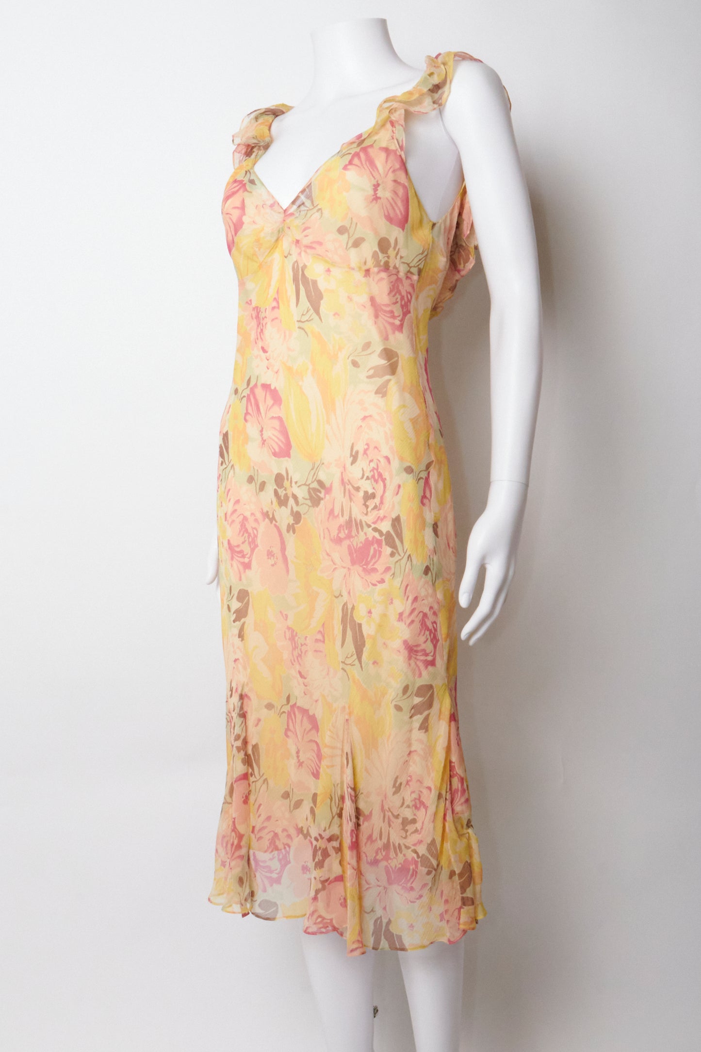 Ralph Lauren Yellow Silk Floral Ruffle Vintage Midi Dress