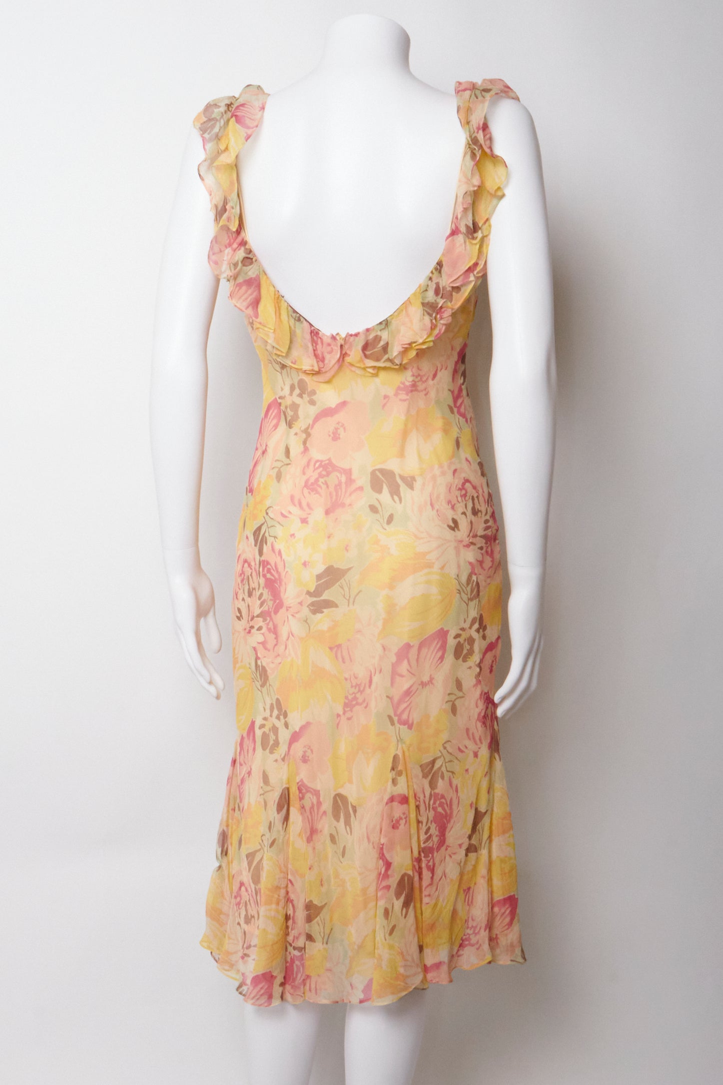 Ralph Lauren Yellow Silk Floral Ruffle Vintage Midi Dress