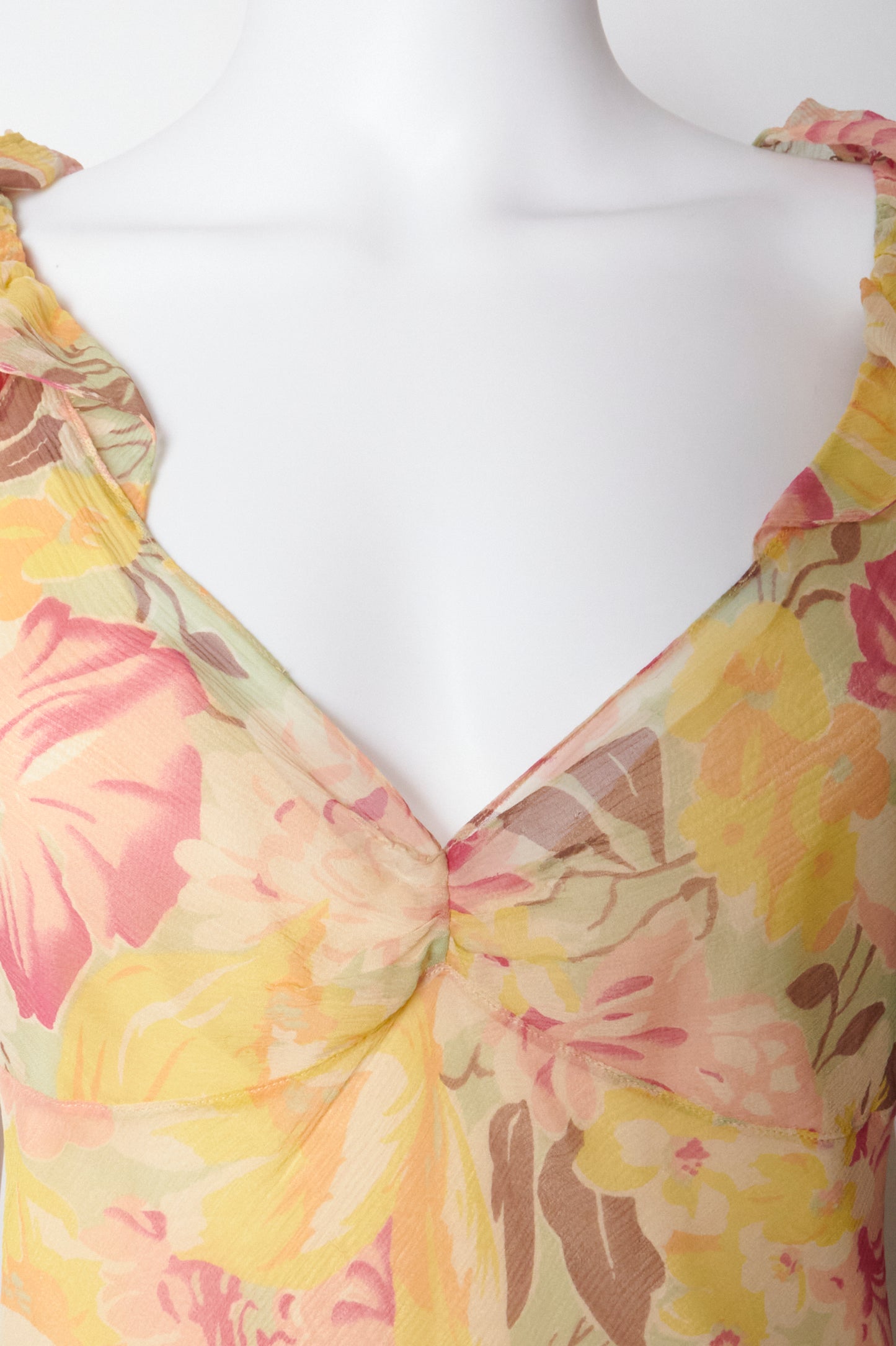 Ralph Lauren Yellow Silk Floral Ruffle Vintage Midi Dress