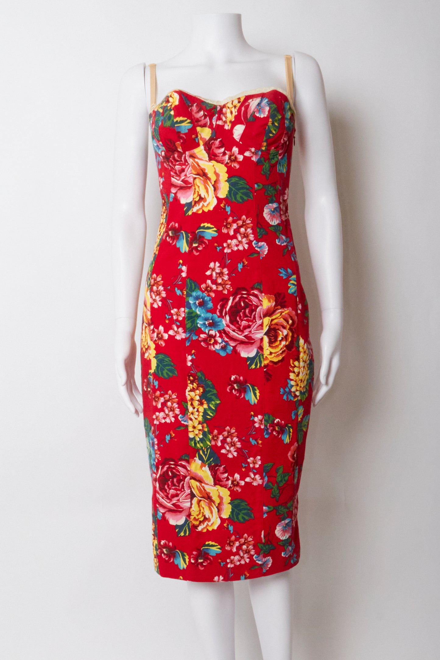 Dolce & Gabbana D&G 2003 Red Floral Corset Midi Dress