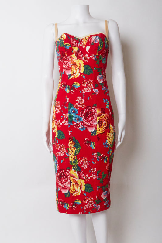 Dolce & Gabbana D&G 2003 Red Floral Corset Midi Dress