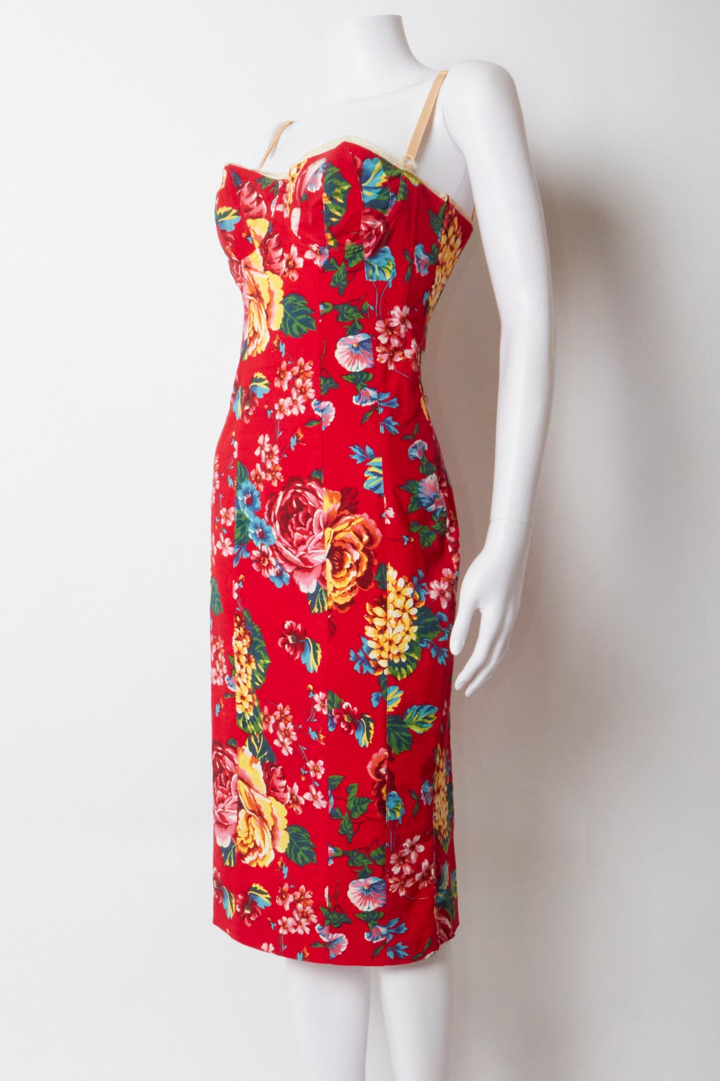 Dolce & Gabbana D&G 2003 Red Floral Corset Midi Dress