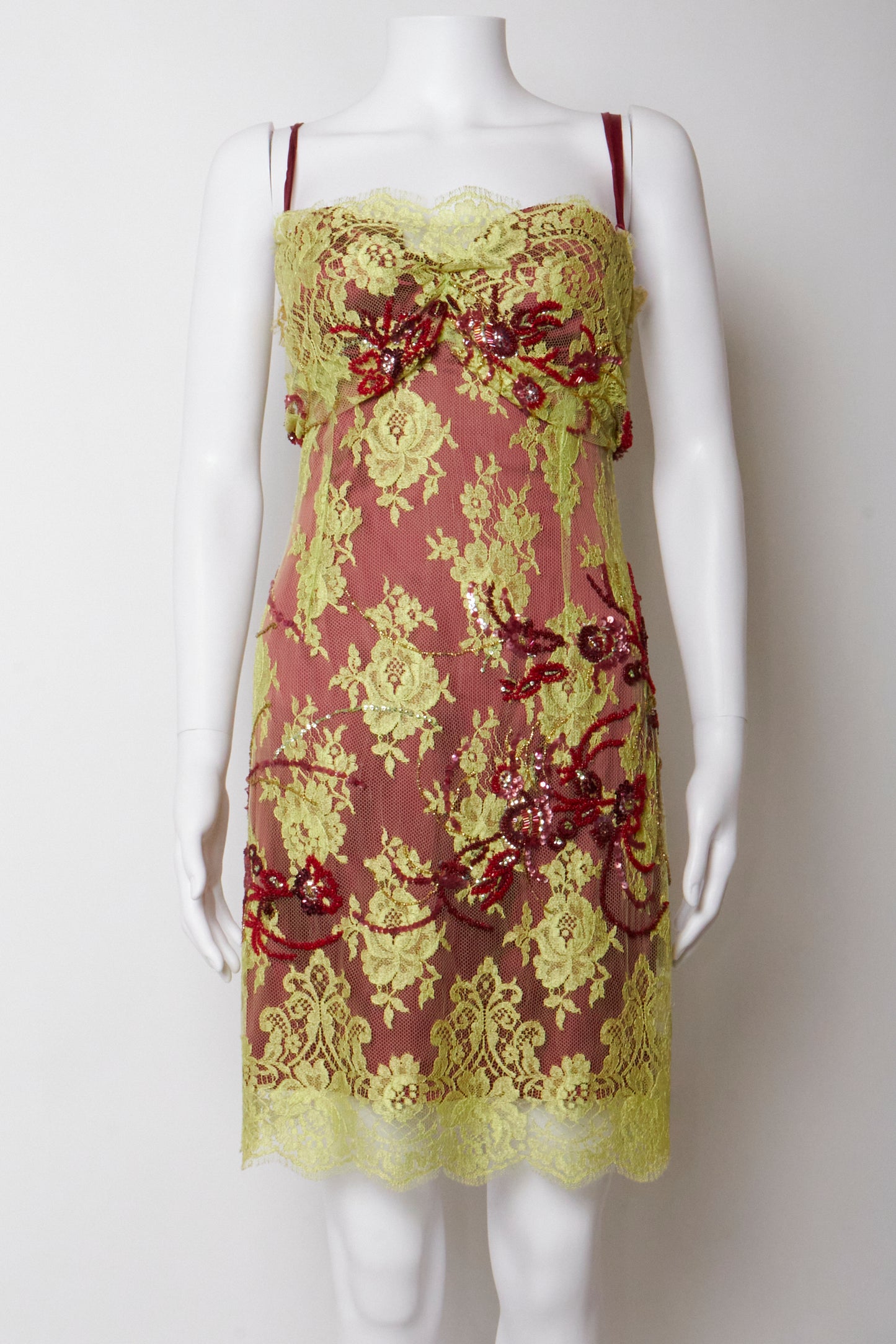 Dolce & Gabbana Spring 1999 Green Lace Beaded Bustier Dress