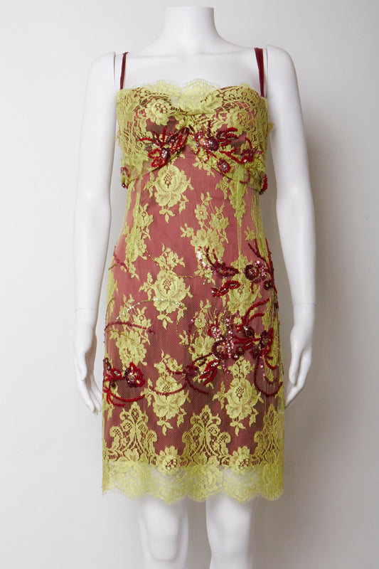 Dolce & Gabbana Spring 1999 Green Lace Beaded Bustier Dress