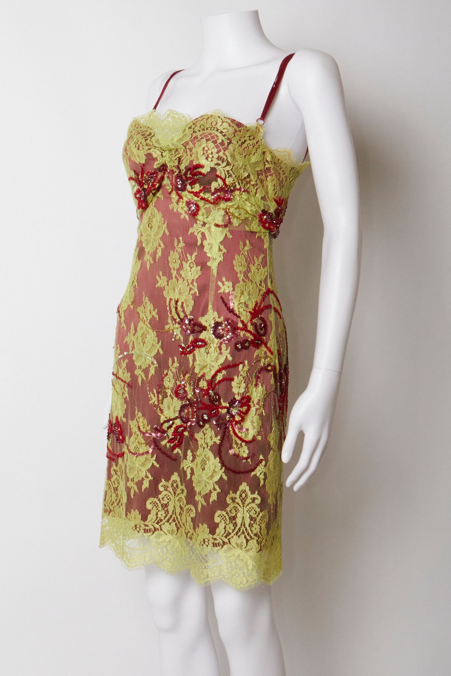 Dolce & Gabbana Spring 1999 Green Lace Beaded Bustier Dress