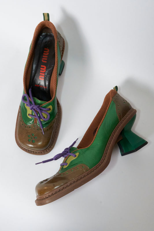 Miu Miu Fall 1999 Wingtip Green Brown Leather Heels