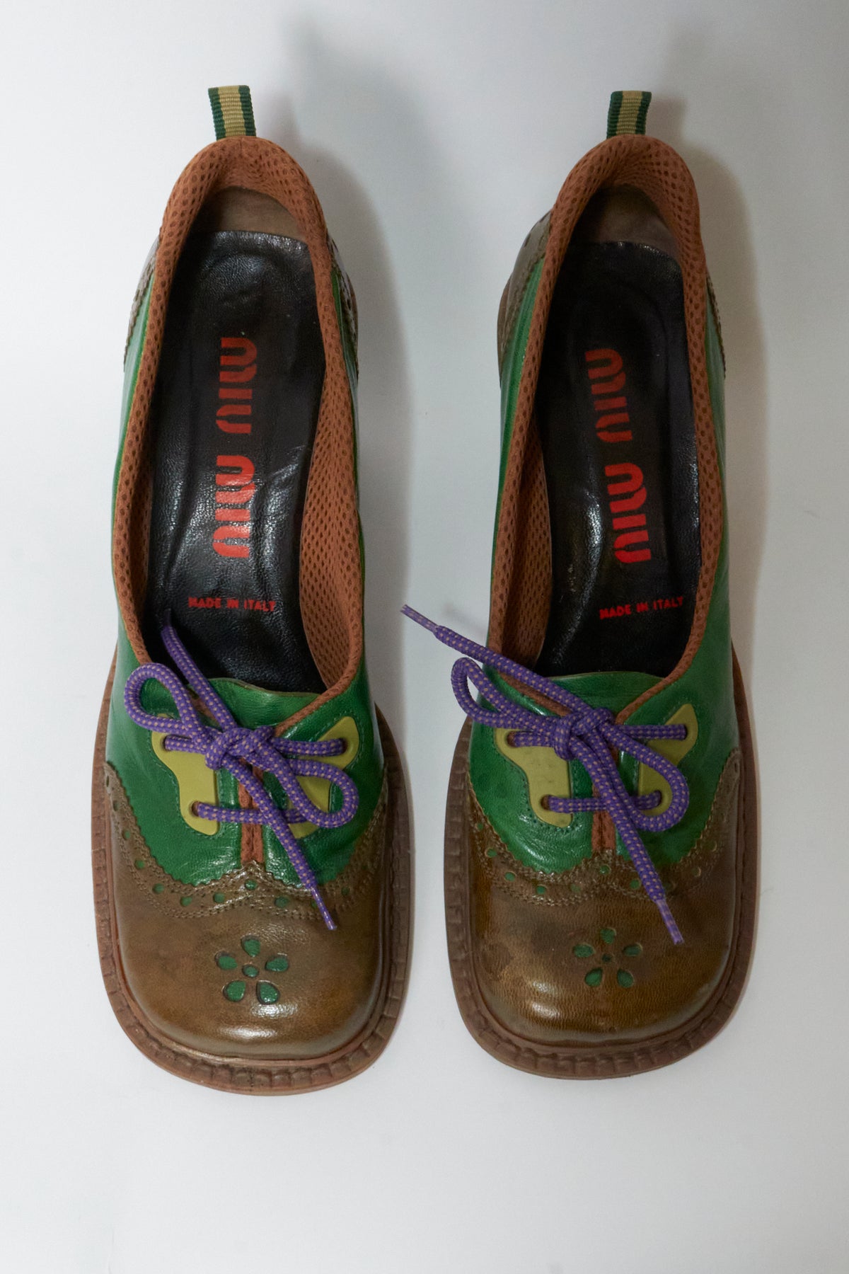 Miu Miu Fall 1999 Wingtip Green Brown Leather Heels