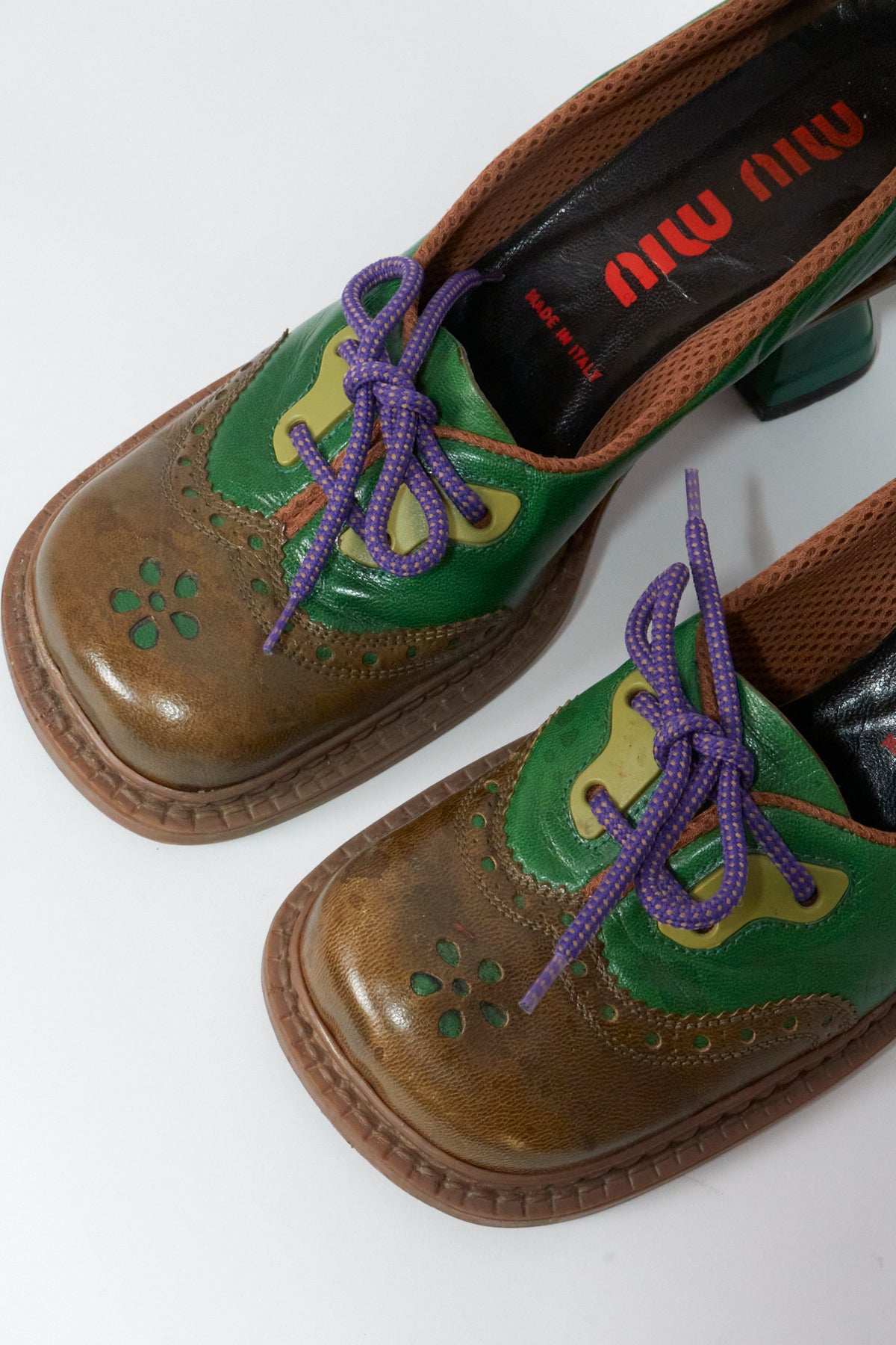 Miu Miu Fall 1999 Wingtip Green Brown Leather Heels