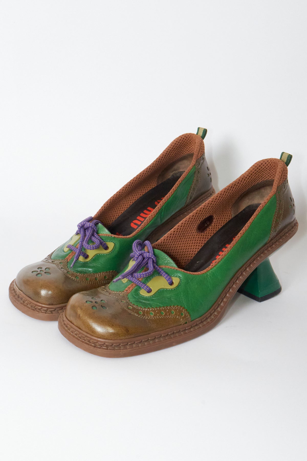 Miu Miu Fall 1999 Wingtip Green Brown Leather Heels