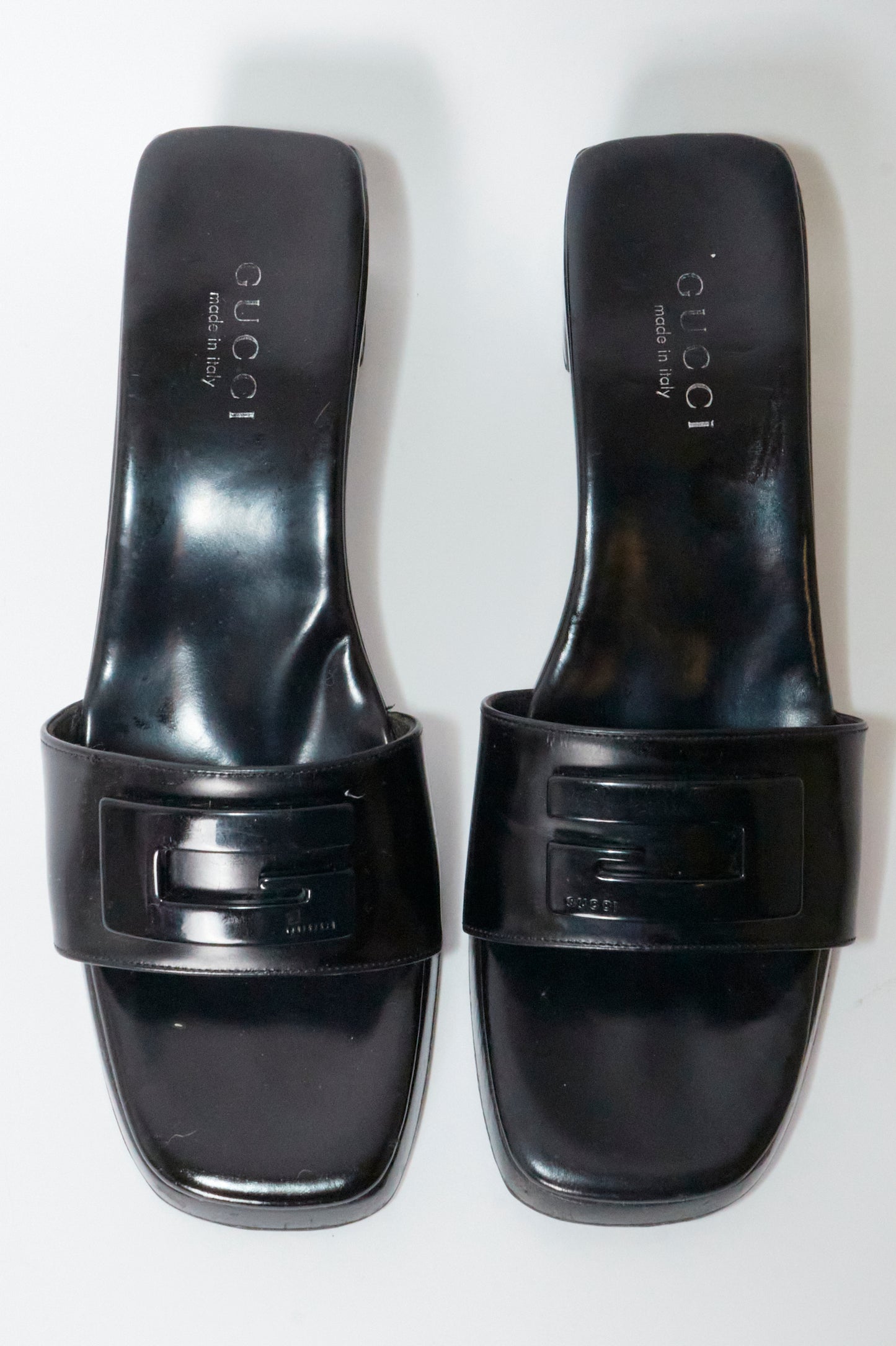 Gucci by Tom Ford "G" Black Leather Slip on Mule Heels
