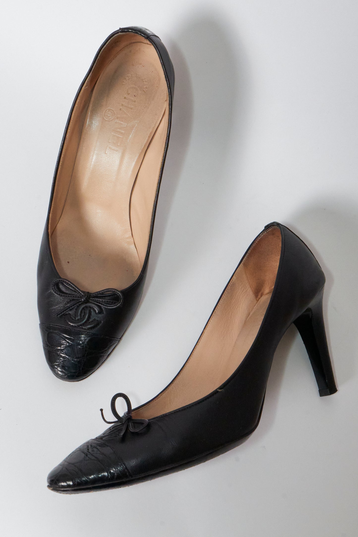 Chanel Black Leather CC Vintage Heels