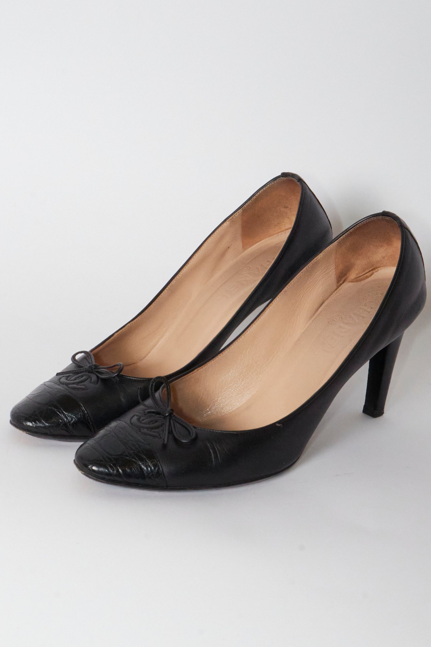 Chanel Black Leather CC Vintage Heels