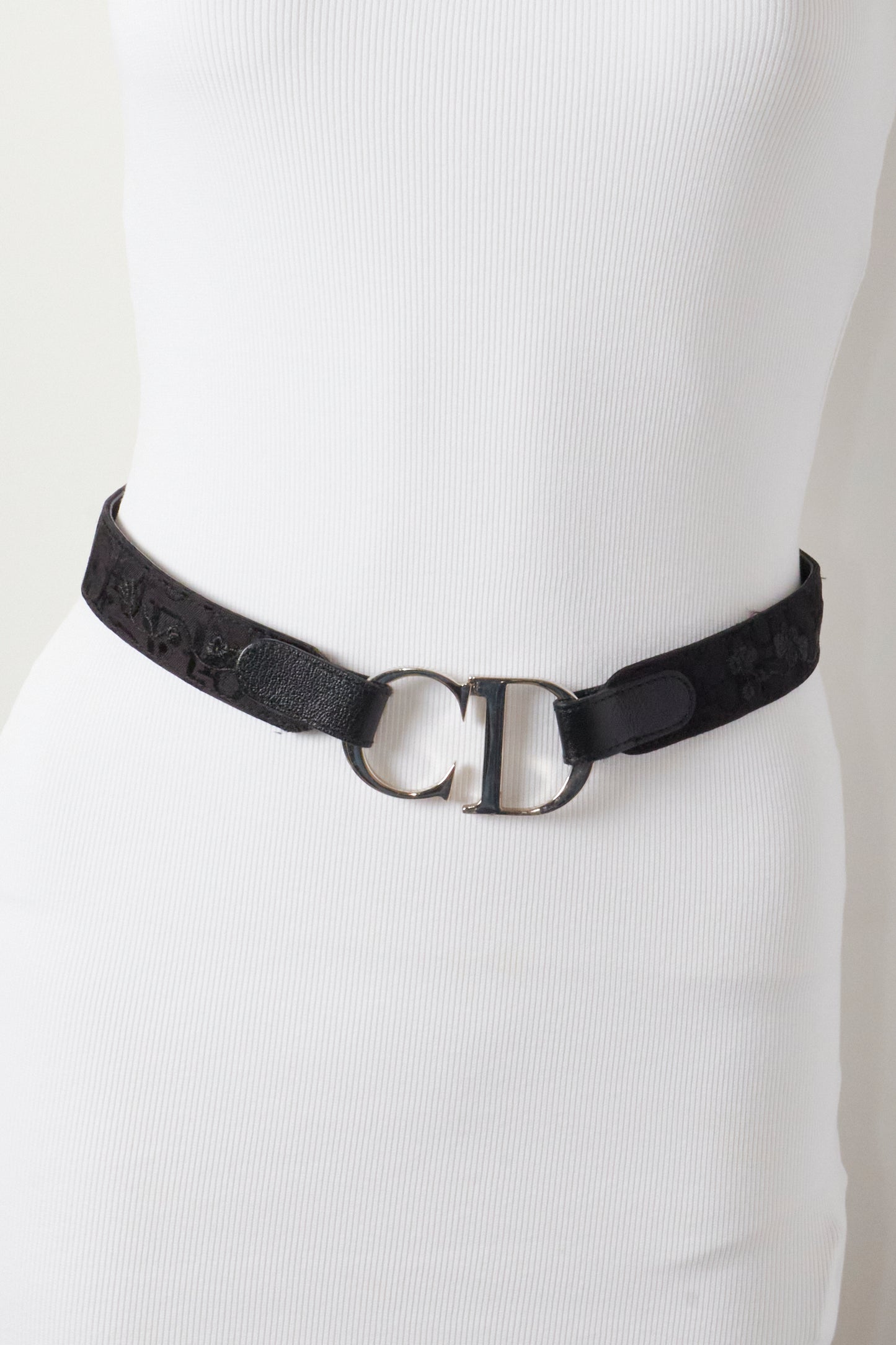 Christian Dior Galliano 2000s Black Monogram Embroidered Flowers Belt