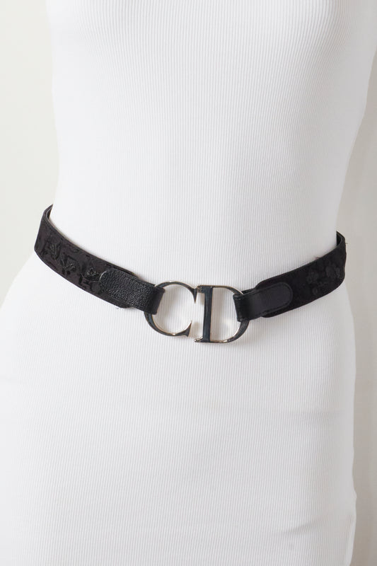 Christian Dior Galliano 2000s Black Monogram Embroidered Flowers Belt