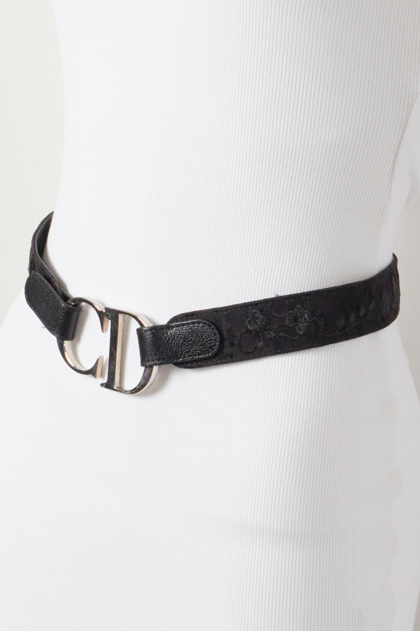 Christian Dior Galliano 2000s Black Monogram Embroidered Flowers Belt