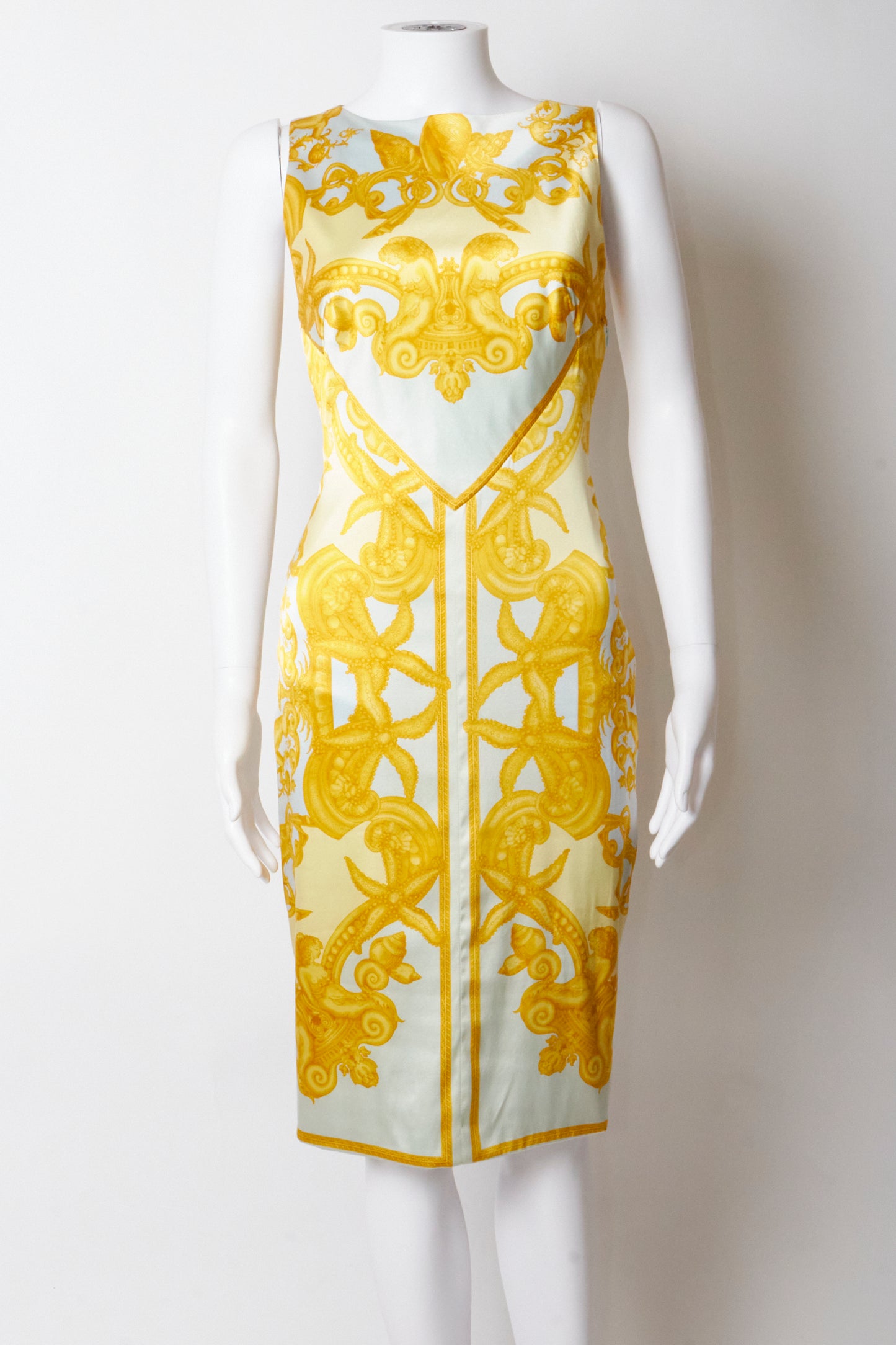 Versace Spring 2005 Silk Gold Print Backless Midi Dress