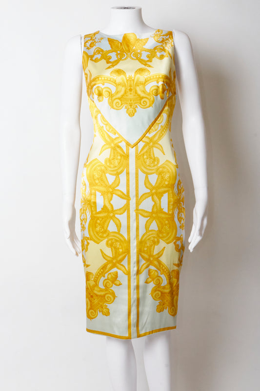 Versace Spring 2005 Silk Gold Print Backless Midi Dress
