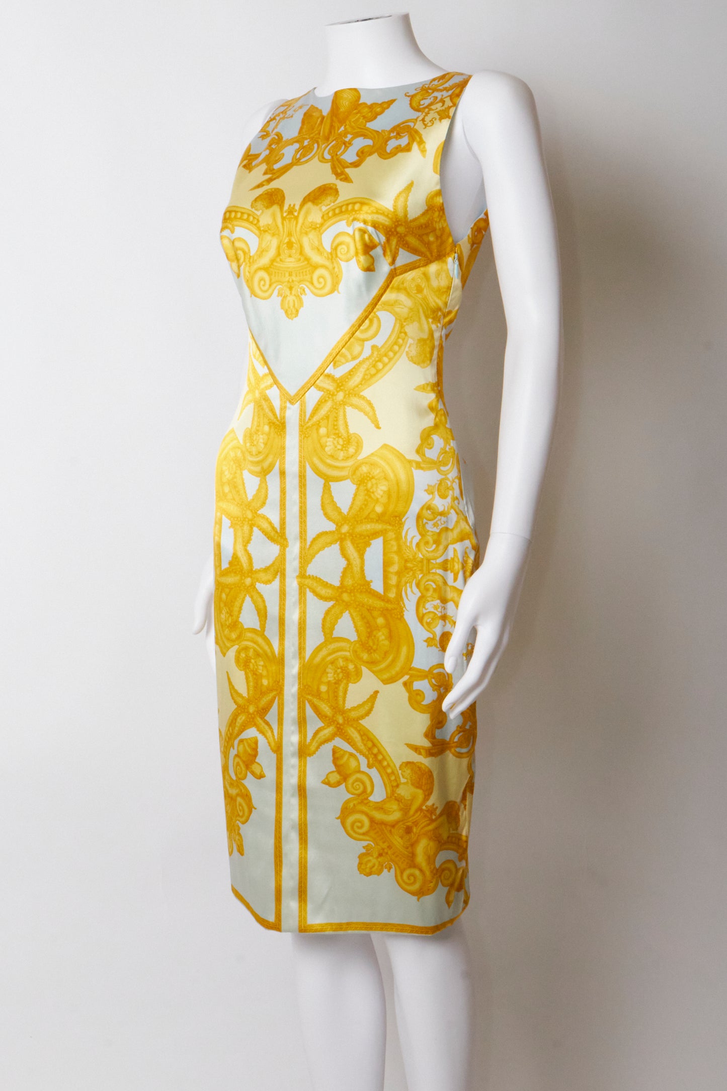 Versace Spring 2005 Silk Gold Print Backless Midi Dress