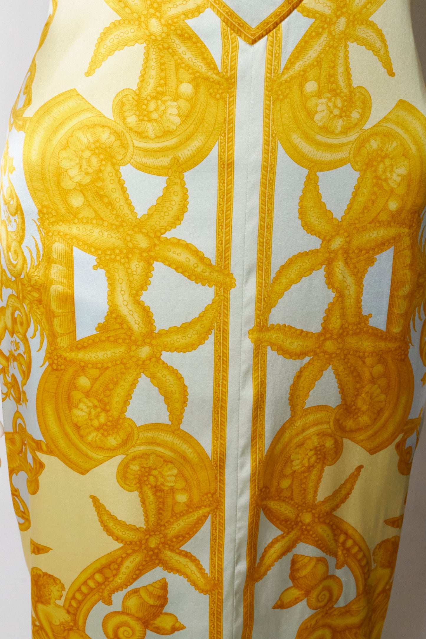 Versace Spring 2005 Silk Gold Print Backless Midi Dress