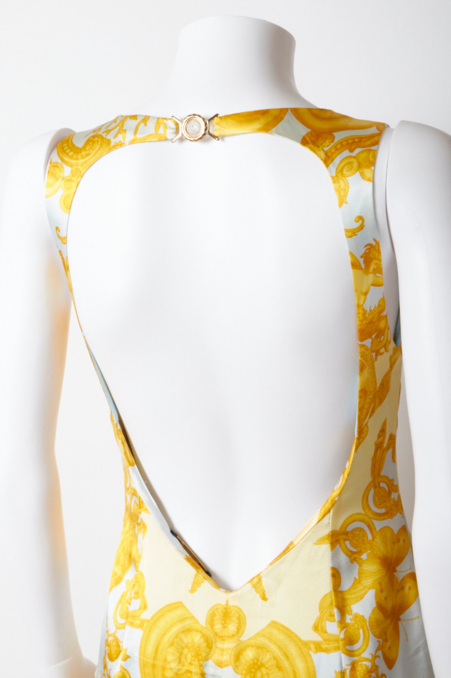 Versace Spring 2005 Silk Gold Print Backless Midi Dress