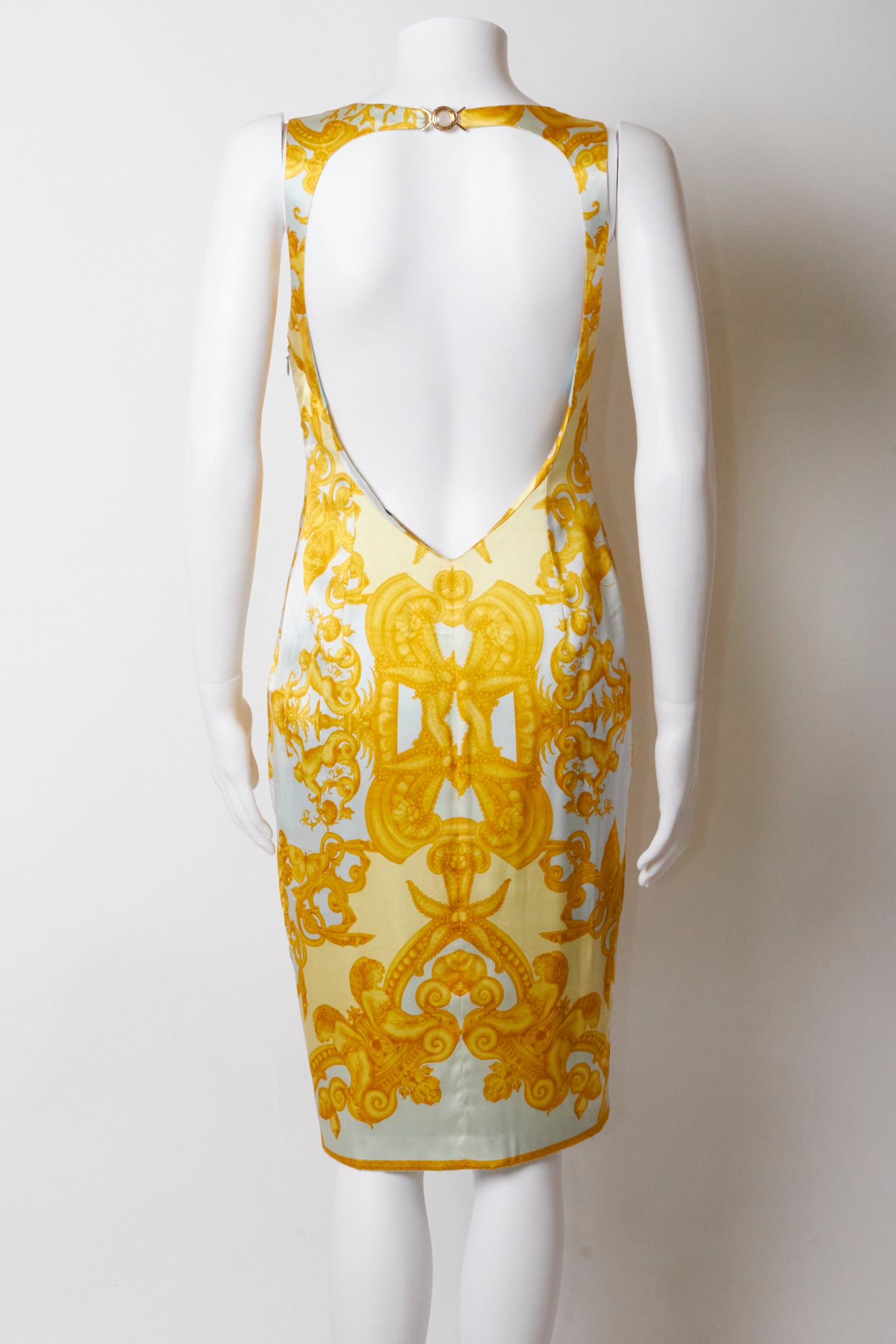 Versace Spring 2005 Silk Gold Print Backless Midi Dress – Blummier